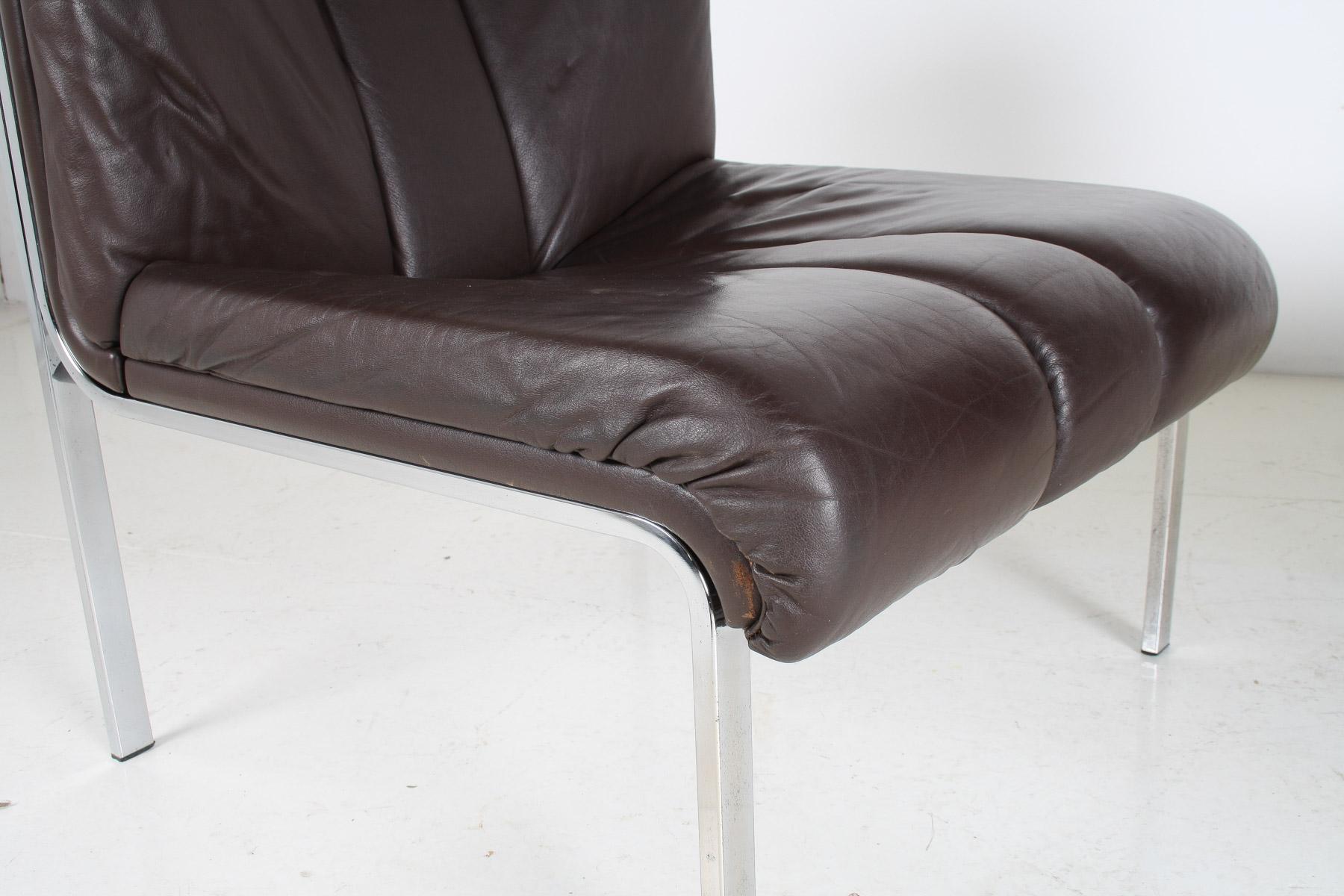 Mid-Century 1970s Brown Leather and Chrome Chair Set by Hans Eichenberger, Swiss For Sale 9