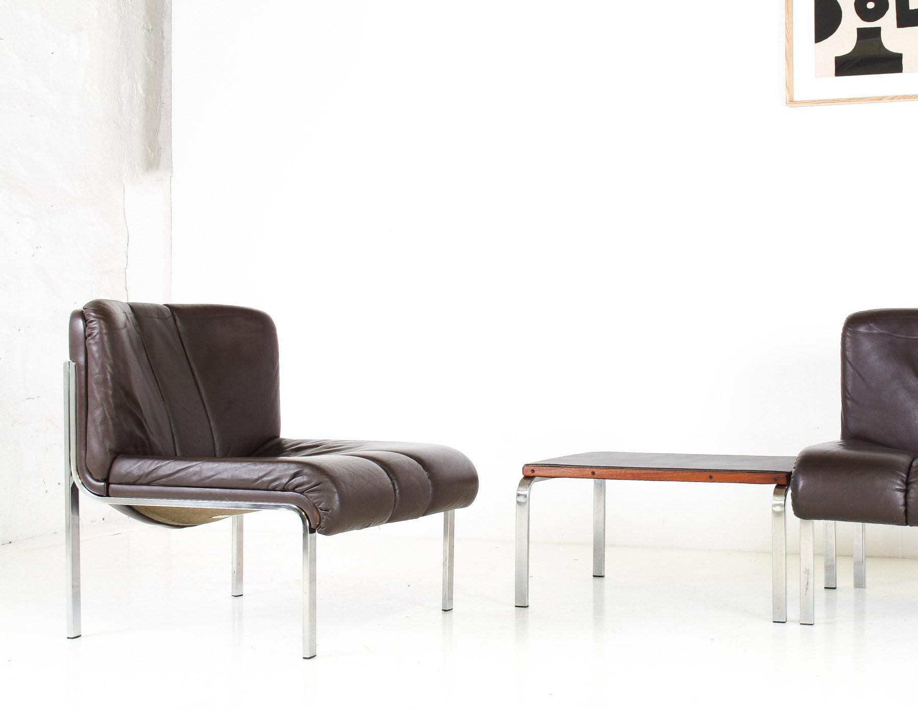 Mid-Century Modern Mid-Century 1970s Brown Leather and Chrome Chair Set by Hans Eichenberger, Swiss For Sale