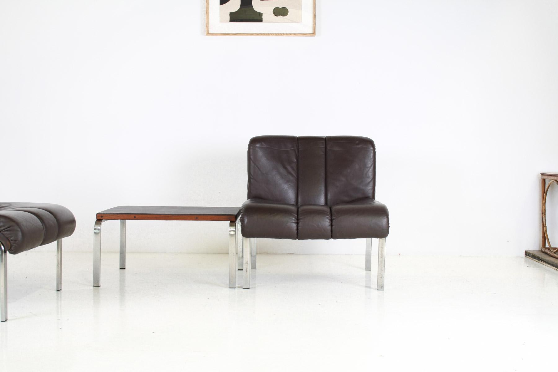 Mid-Century 1970s Brown Leather and Chrome Chair Set by Hans Eichenberger, Swiss In Good Condition For Sale In Llanbrynmair, GB