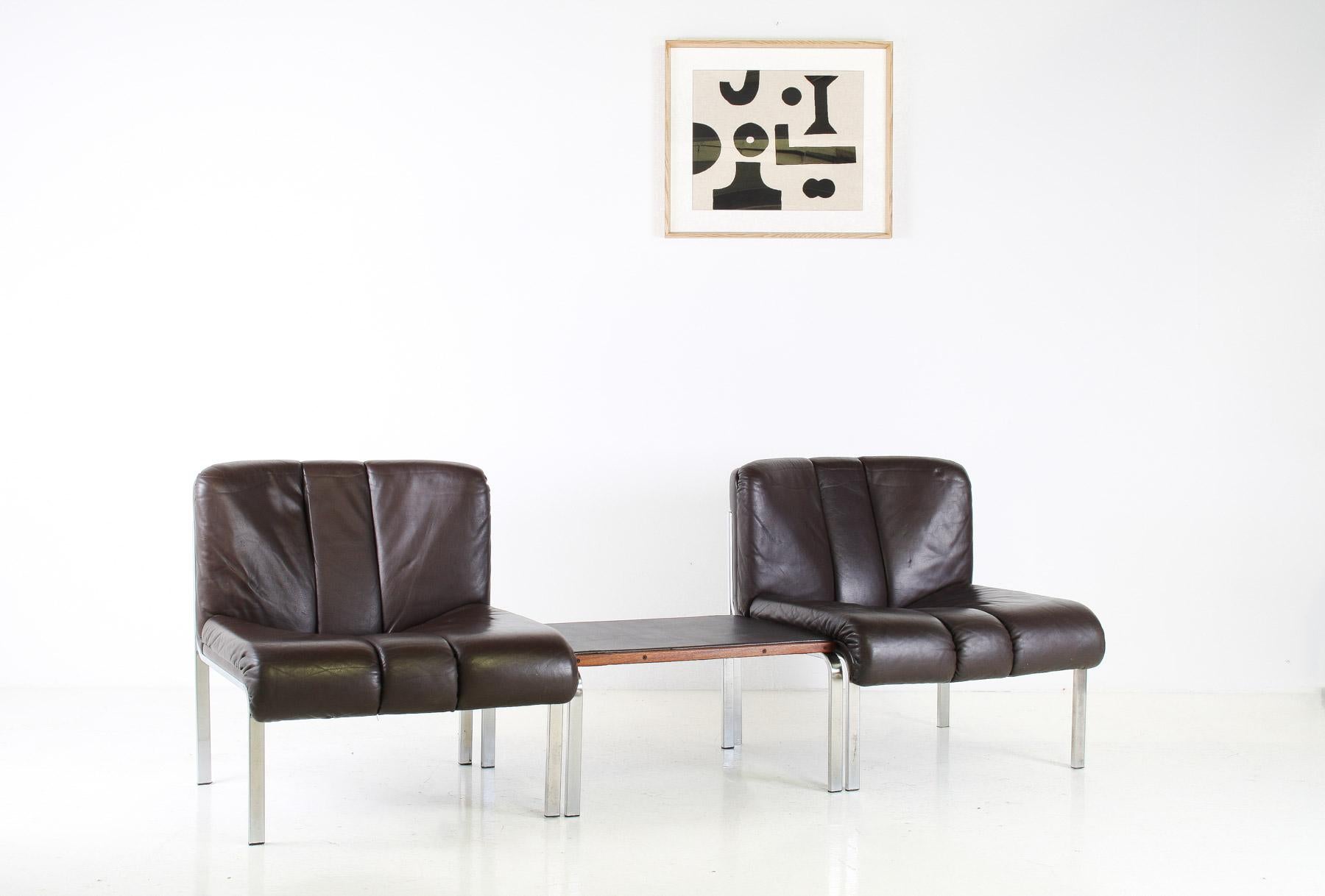 20th Century Mid-Century 1970s Brown Leather and Chrome Chair Set by Hans Eichenberger, Swiss For Sale