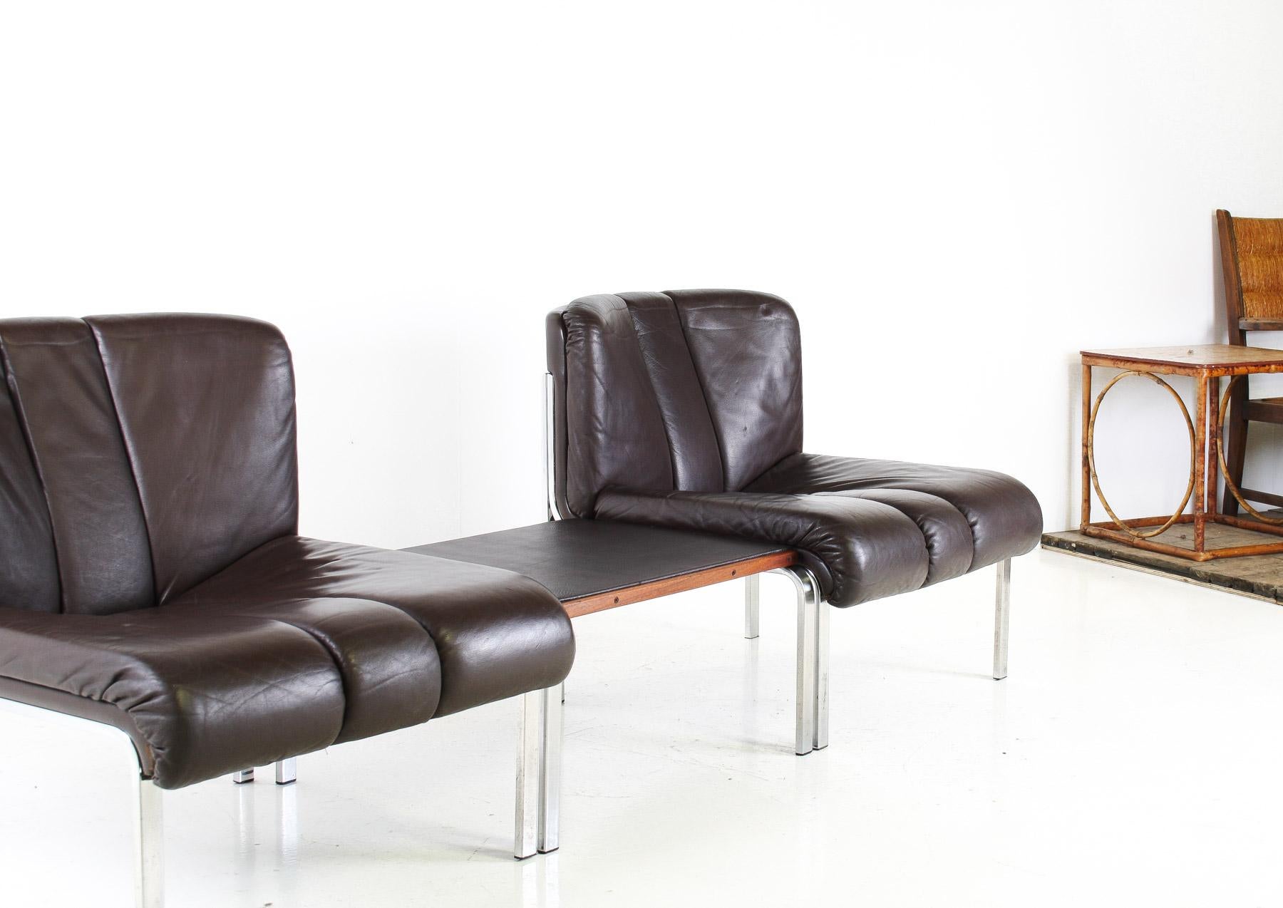 Mid-Century 1970s Brown Leather and Chrome Chair Set by Hans Eichenberger, Swiss For Sale 1