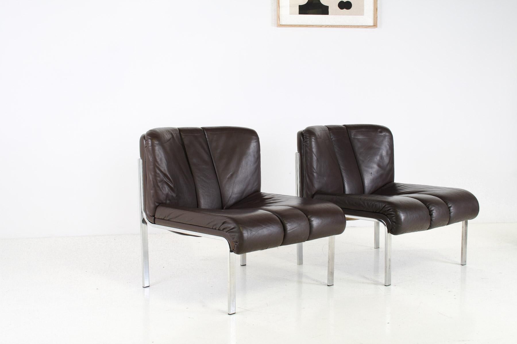 Mid-Century 1970s Brown Leather and Chrome Chair Set by Hans Eichenberger, Swiss For Sale 2