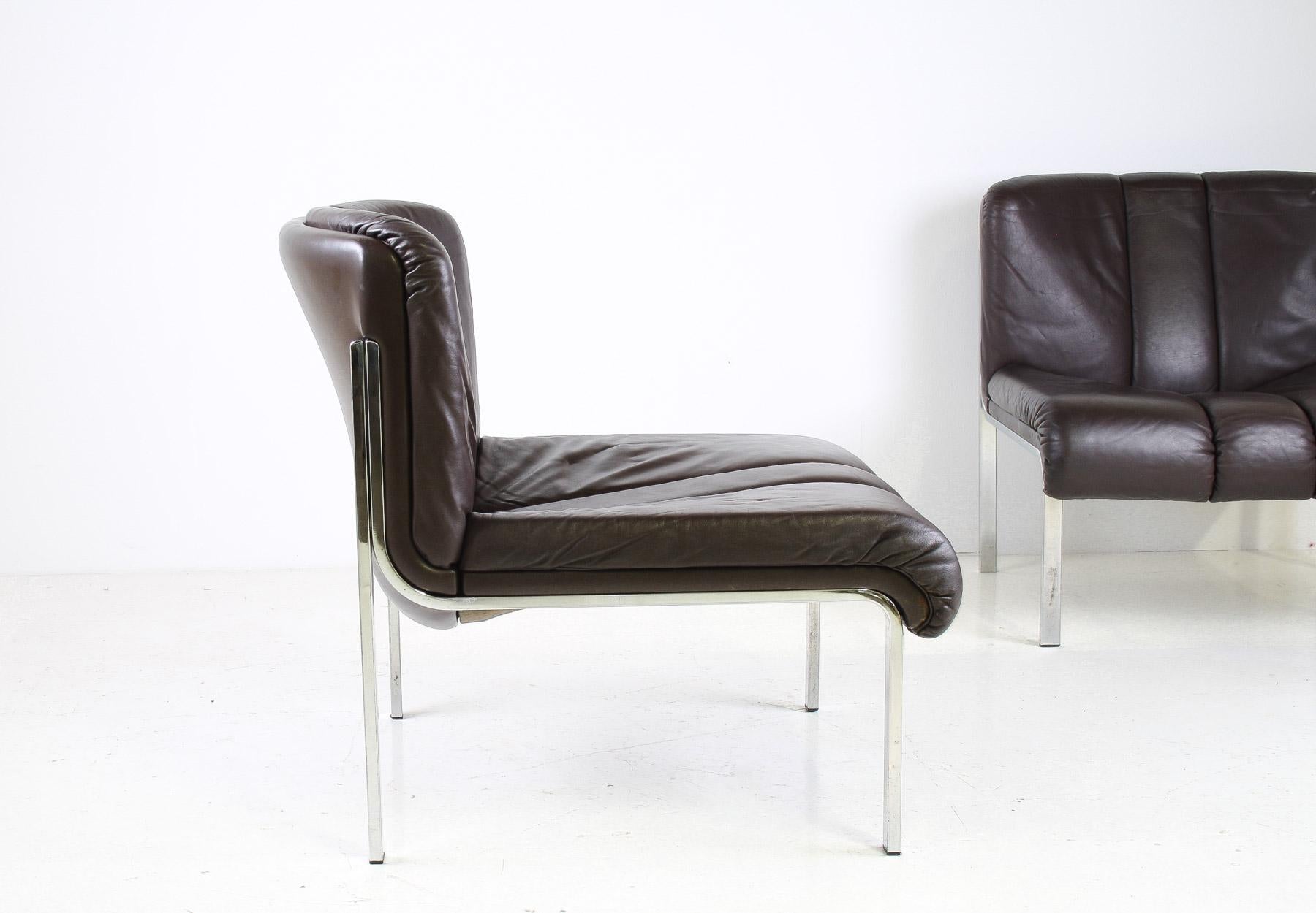 Mid-Century 1970s Brown Leather and Chrome Chair Set by Hans Eichenberger, Swiss For Sale 3
