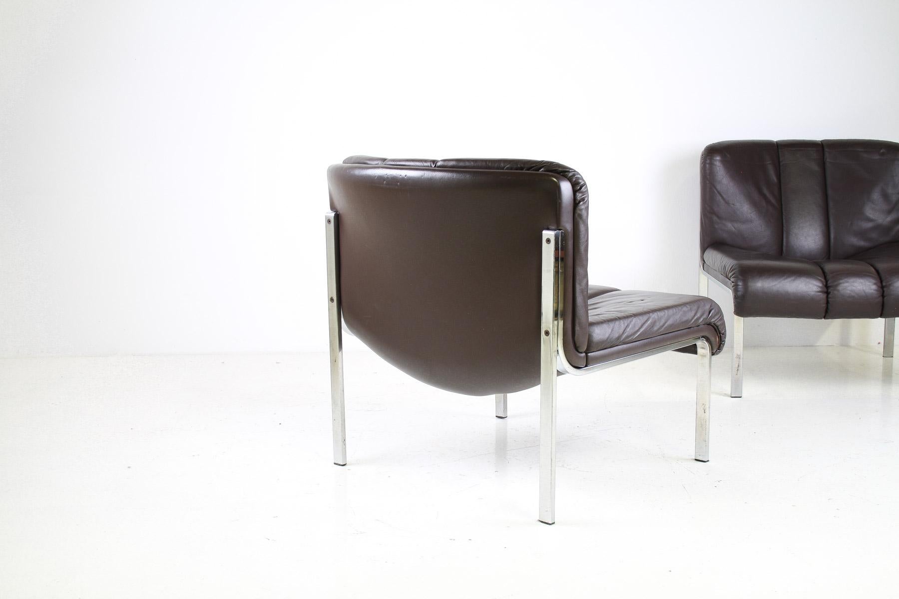 Mid-Century 1970s Brown Leather and Chrome Chair Set by Hans Eichenberger, Swiss For Sale 4