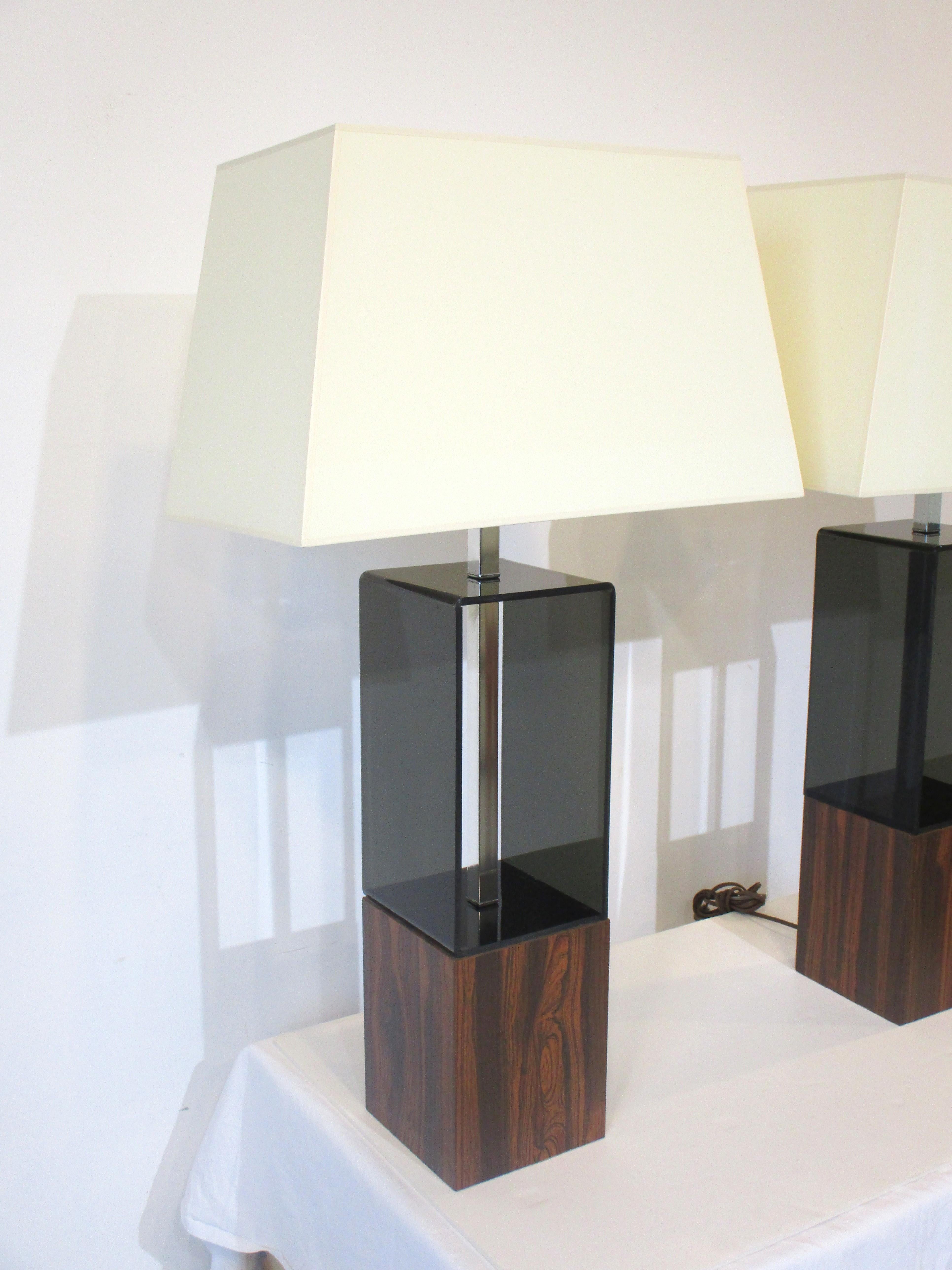 Mid-Century Modern Mid Century 1970's Faux Rosewood / Lucite Table lamps  For Sale