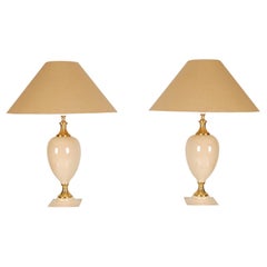 Hollywood Regency Table Lamps Ceramic Beige and Gold Brass a pair