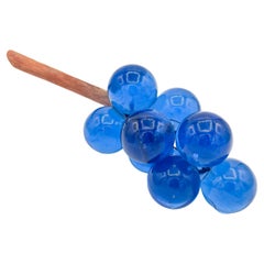 Mid Century 1970s Italian Blue Purple Lucite Grapes Fruit Cluster on Driftwood