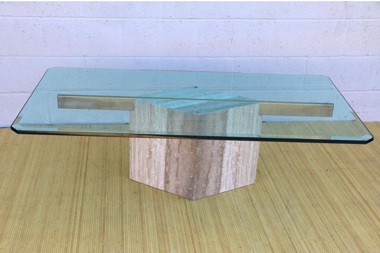 Mid-Century 1970’s Italian Travertine and Glass Coffee Table In Good Condition For Sale In North Hollywood, CA