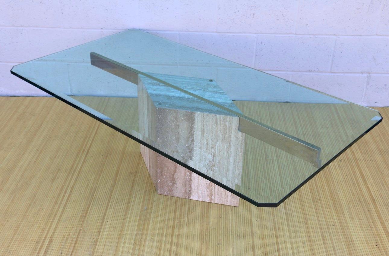 Late 20th Century Mid-Century 1970’s Italian Travertine and Glass Coffee Table For Sale