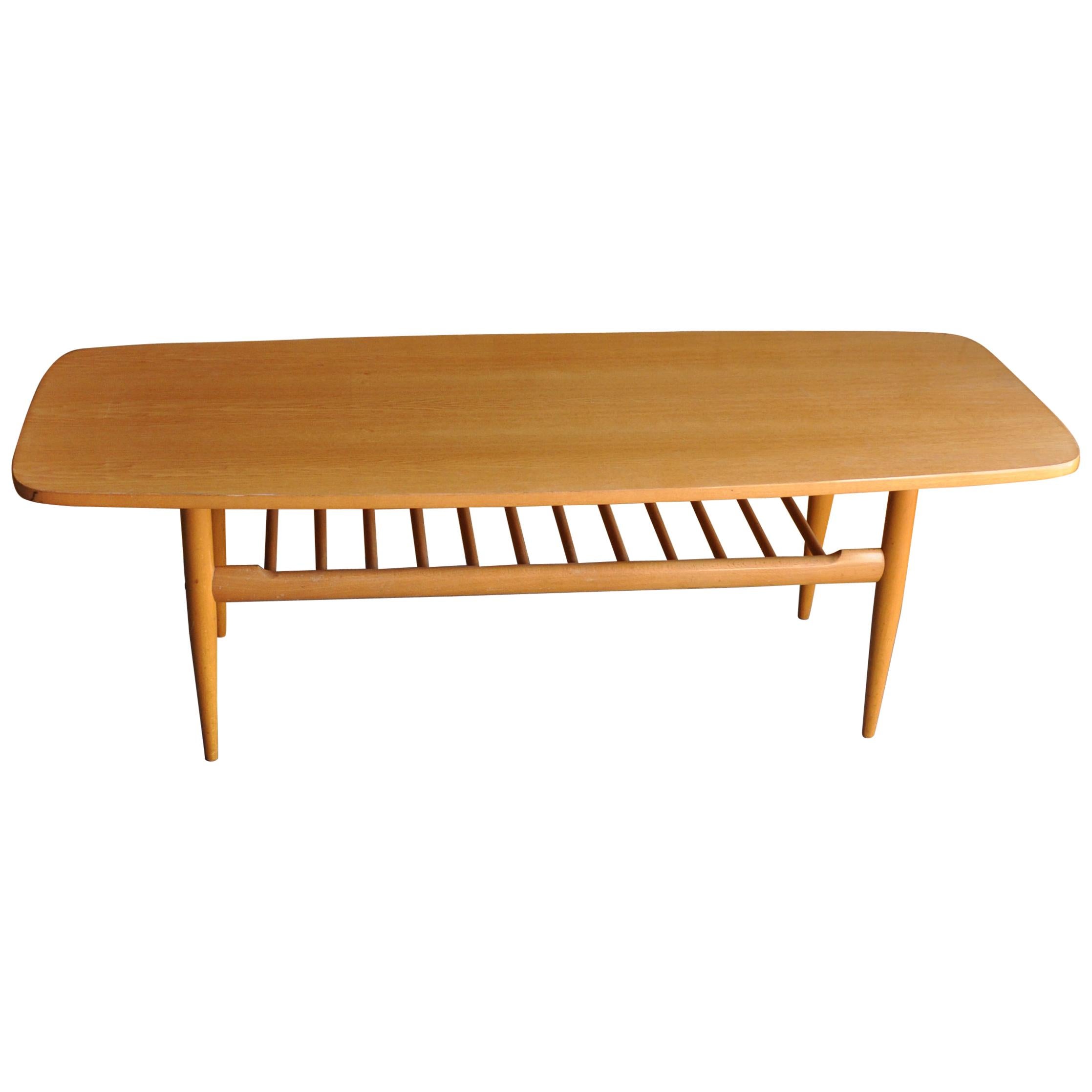 Midcentury 1970s Light Beech Coffee Table with Beautiful Magazine Rack For Sale