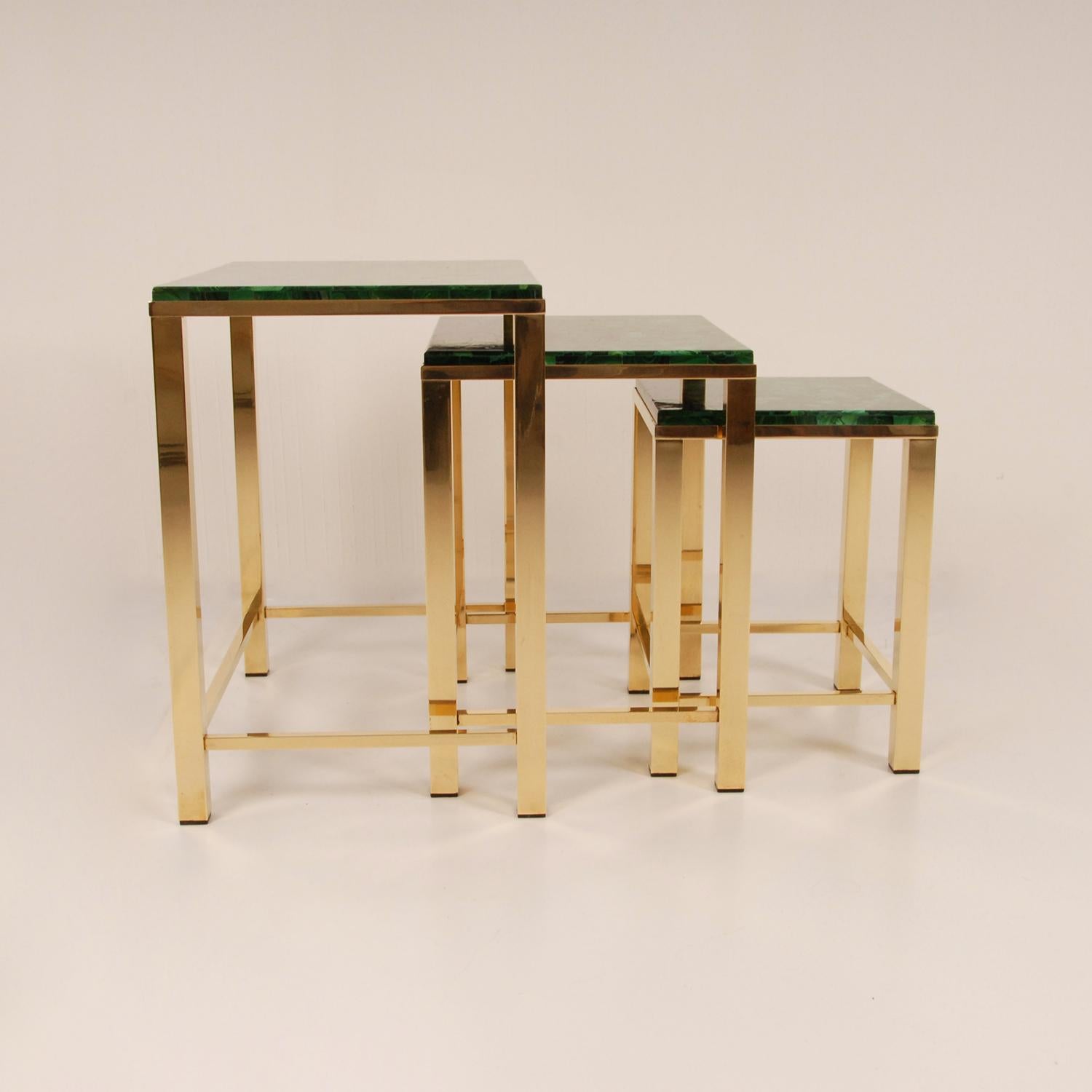 Vintage Malachite Marble Green Gold Gilded Brass End Nest Tables Coffee Table For Sale 9