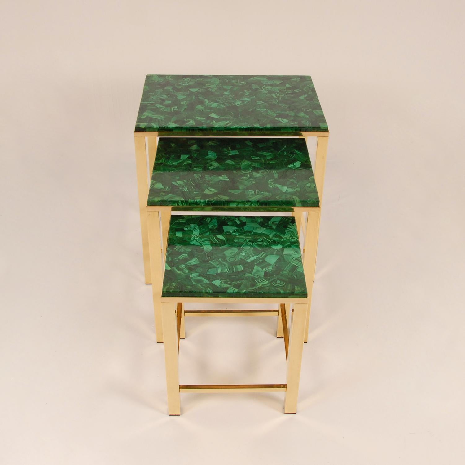 Gold Plate Vintage Malachite Marble Green Gold Gilded Brass End Nest Tables Coffee Table For Sale