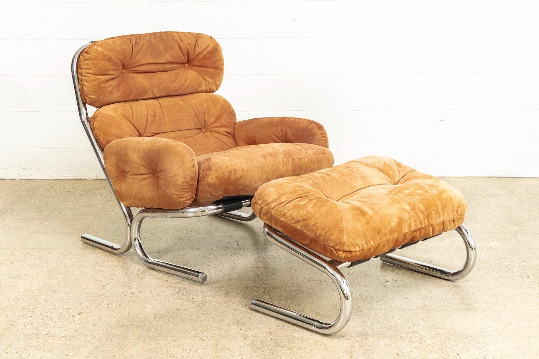 This vintage Mid-Century Modern Milo Baughman for Directional lounge chair and ottoman is circa 1970. The mod design features original orange suede upholstery with a polished chrome tubular sculpted base. The chair is roomy, comfortable and well