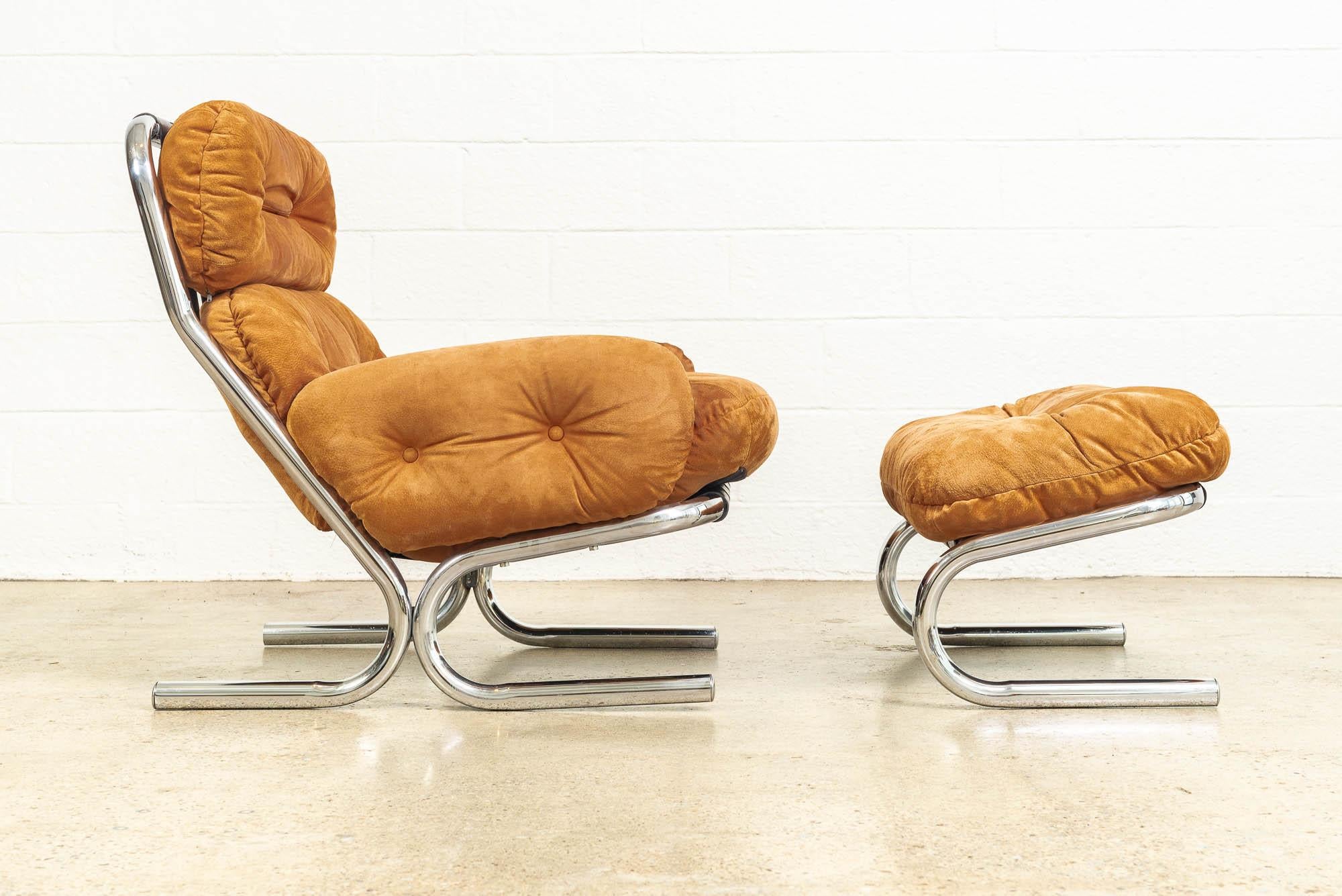 American Midcentury 1970s Milo Baughman for Directional Suede & Chrome Lounge Chair For Sale