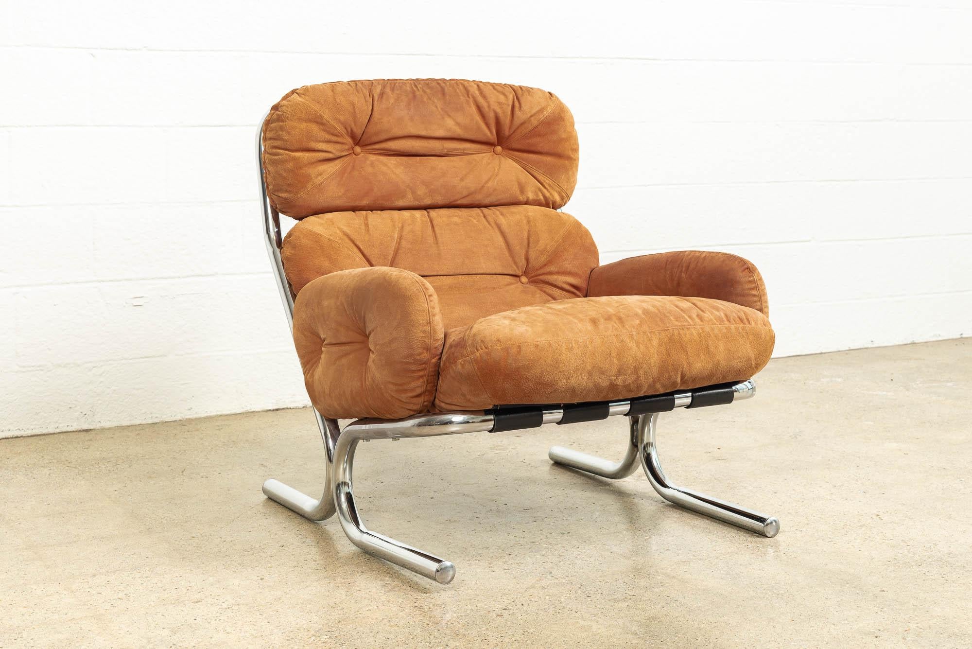 Midcentury 1970s Milo Baughman for Directional Suede & Chrome Lounge Chair In Good Condition For Sale In Detroit, MI