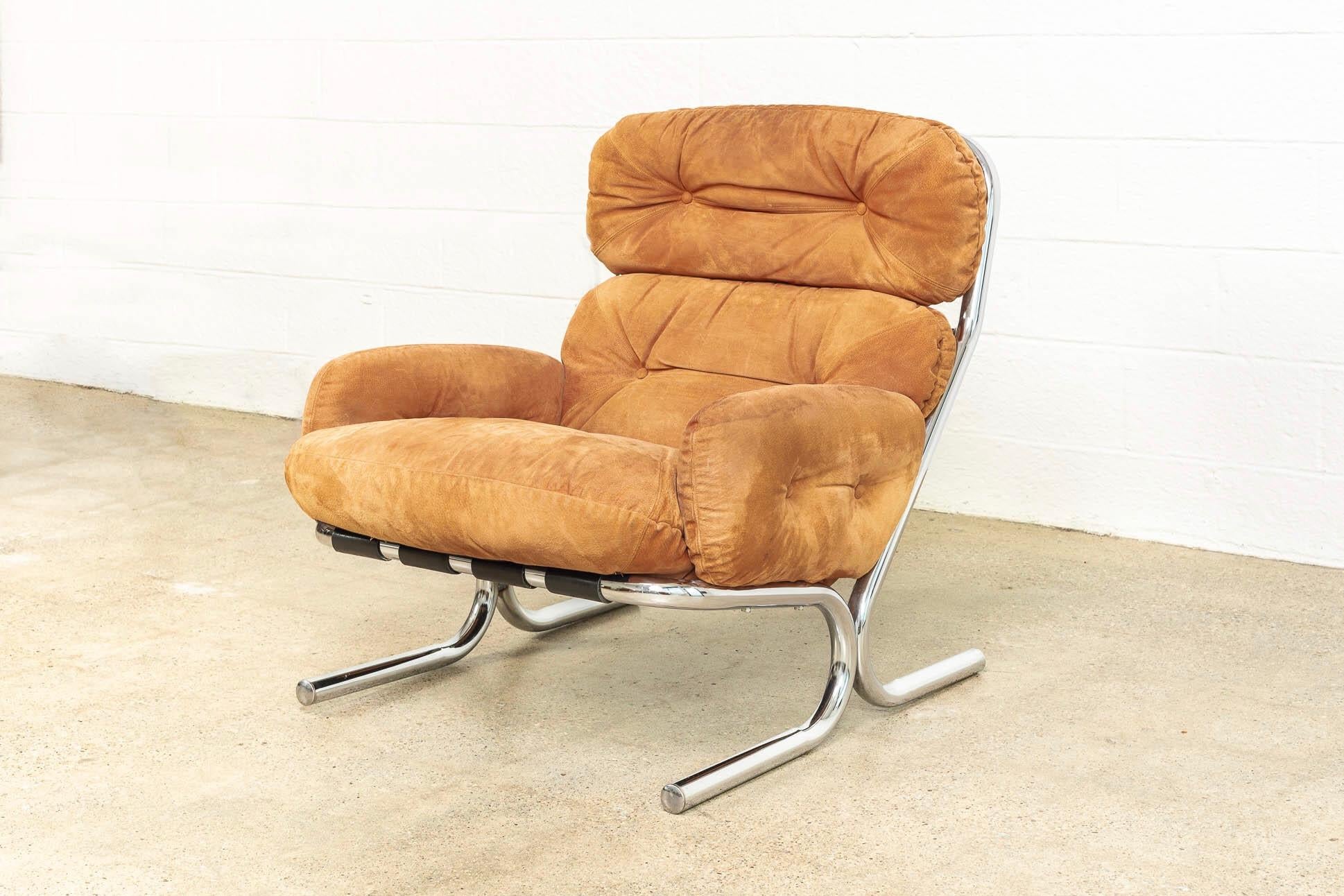 Late 20th Century Midcentury 1970s Milo Baughman for Directional Suede & Chrome Lounge Chair For Sale
