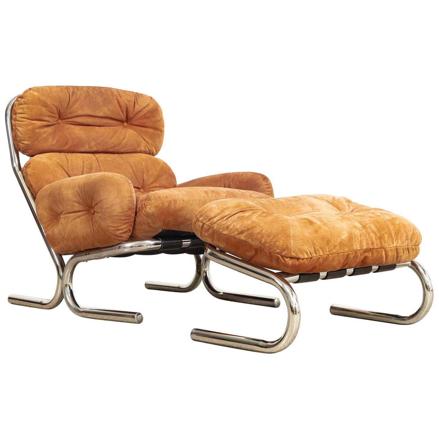 Midcentury 1970s Milo Baughman for Directional Suede & Chrome Lounge Chair For Sale