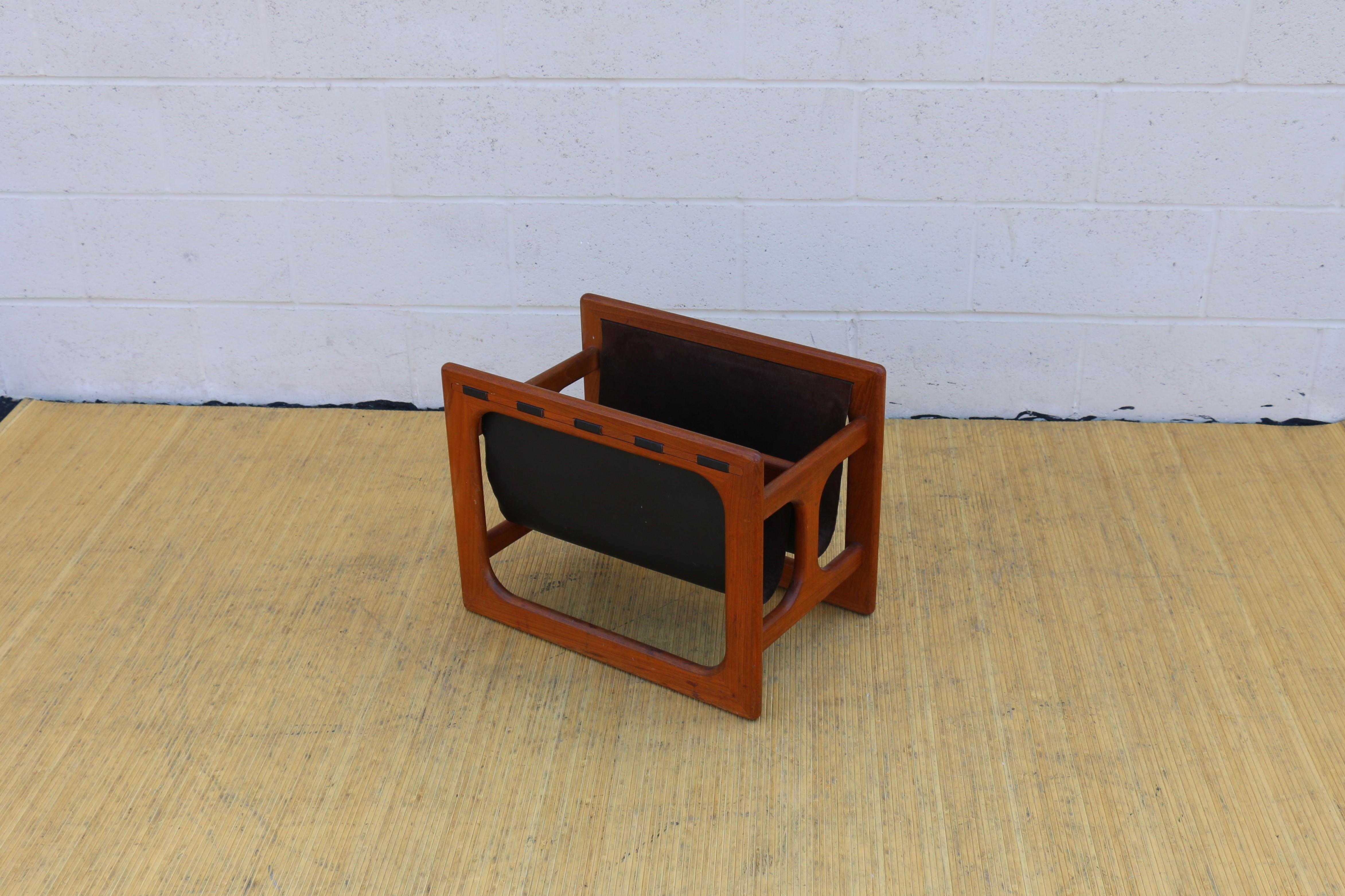 Leather Mid Century 1970s Minimalistic Danish Teak Magazine Rack For Sale