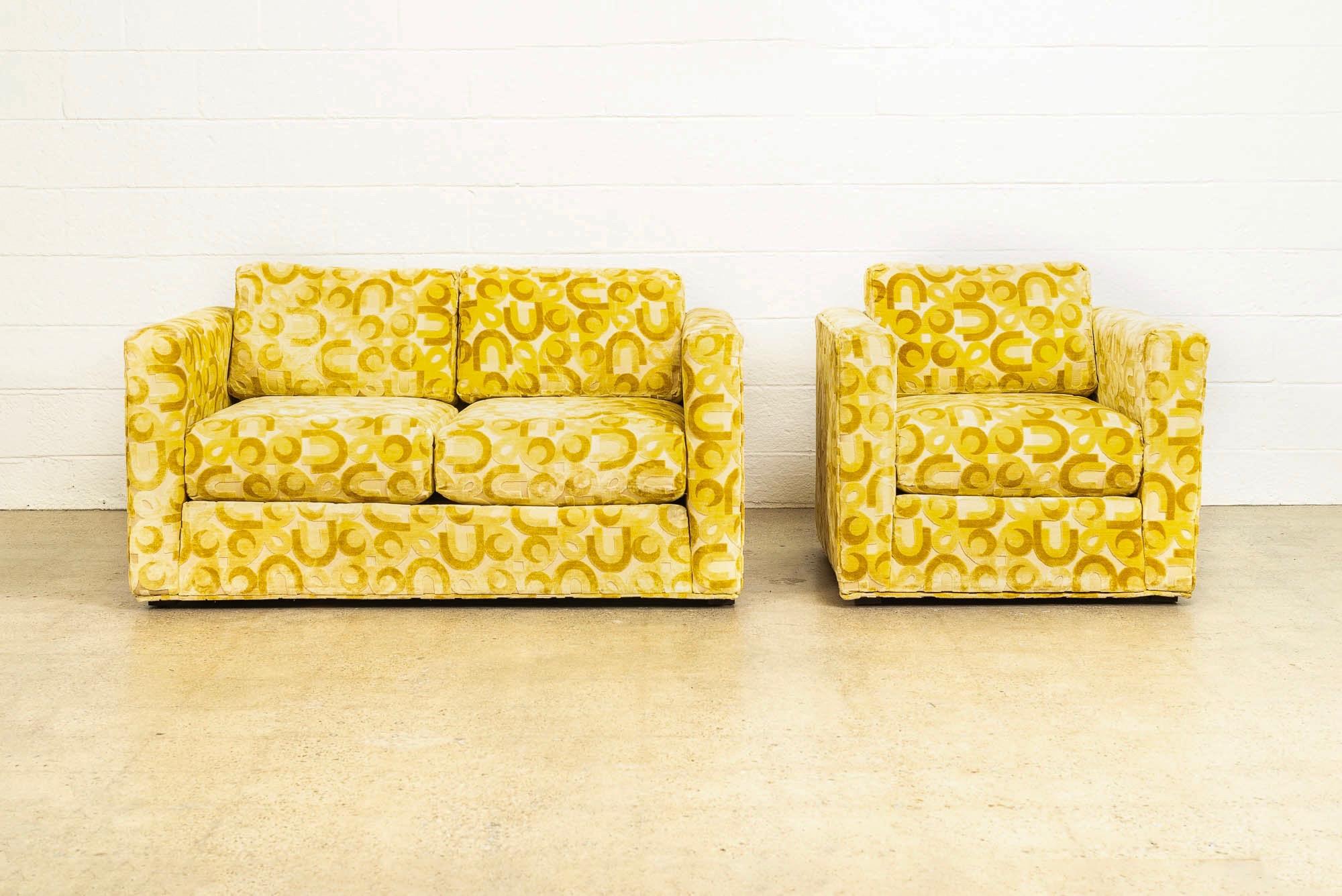 Mid-Century Modern Midcentury 1970s Mod Yellow Upholstered Loveseat and Lounge Chair For Sale