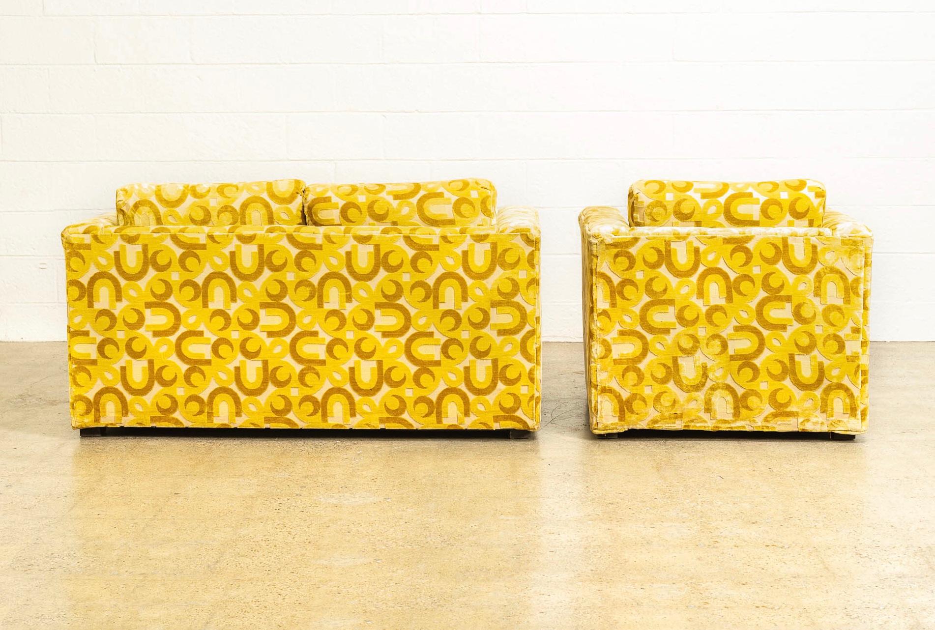 Late 20th Century Midcentury 1970s Mod Yellow Upholstered Loveseat and Lounge Chair For Sale