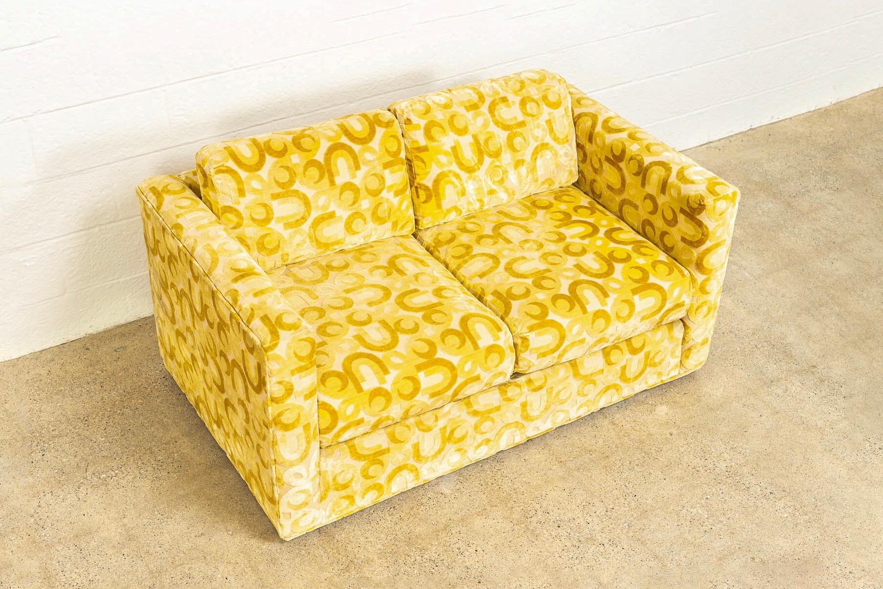 Upholstery Midcentury 1970s Mod Yellow Upholstered Loveseat and Lounge Chair For Sale