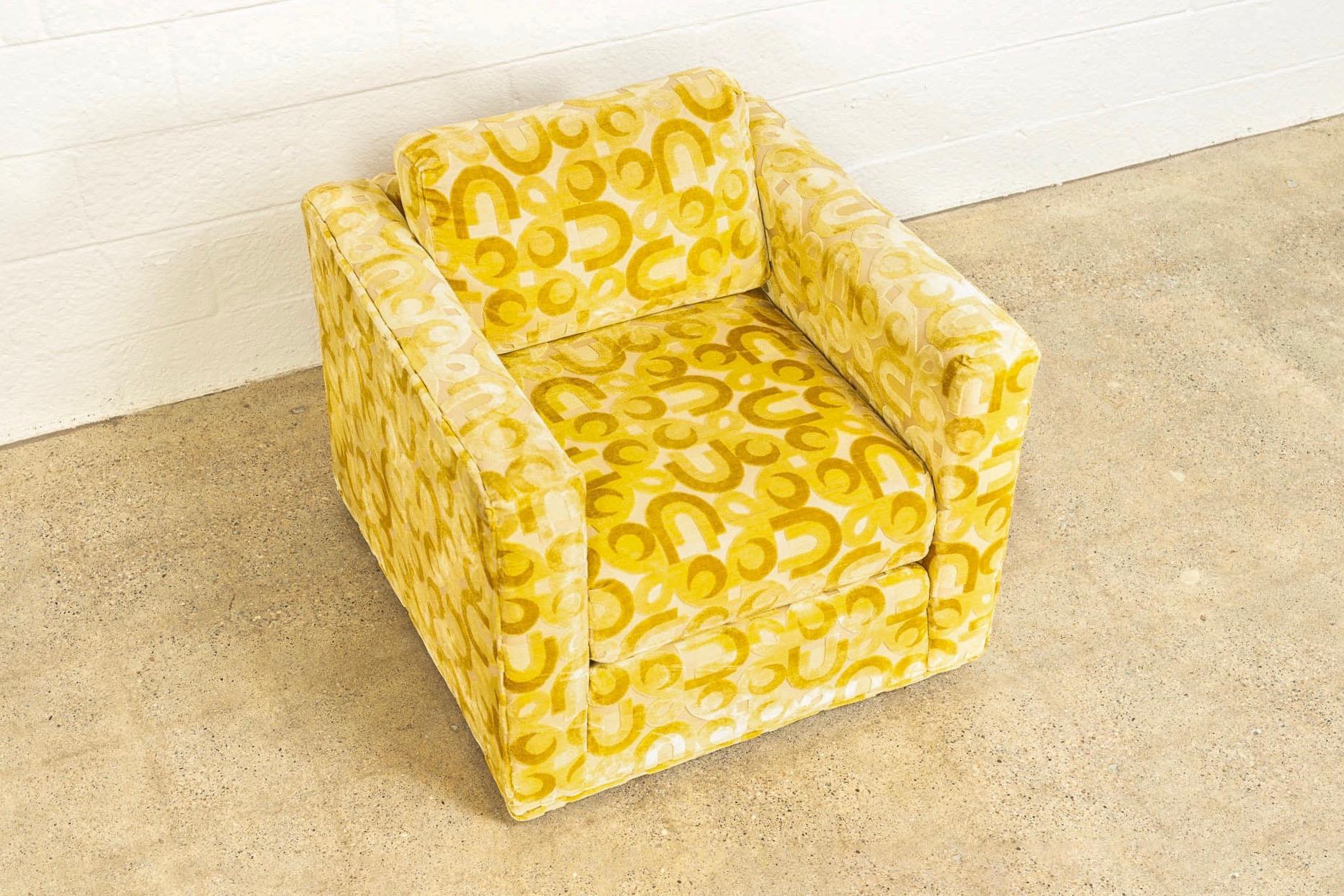Midcentury 1970s Mod Yellow Upholstered Loveseat and Lounge Chair For Sale 1