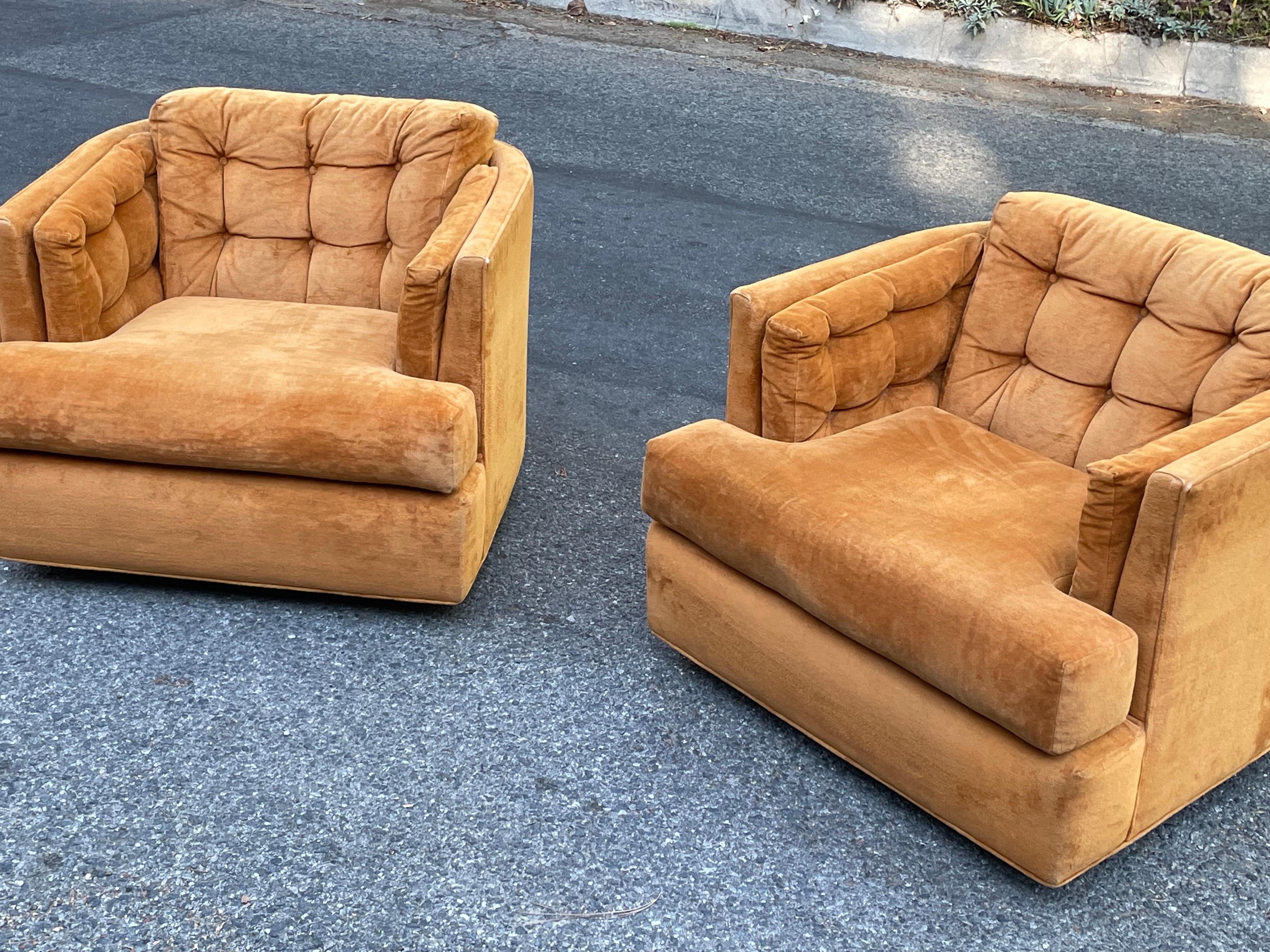 Velvet Mid-Century 1970s Orange Swivel Lounge Chairs