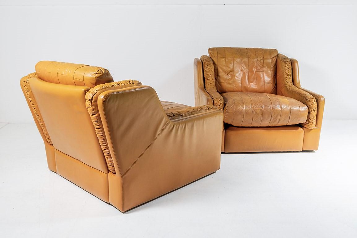 Mid Century 1970s Patchwork Tan Leather Armchair & Footstool by Gimson & Slater 4