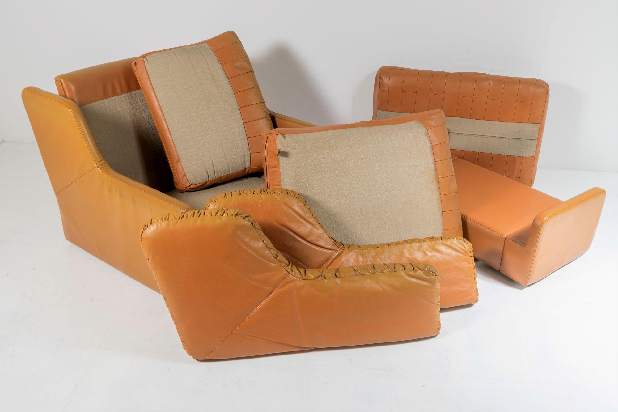 Mid Century 1970s Patchwork Tan Leather Armchair & Footstool by Gimson & Slater 5