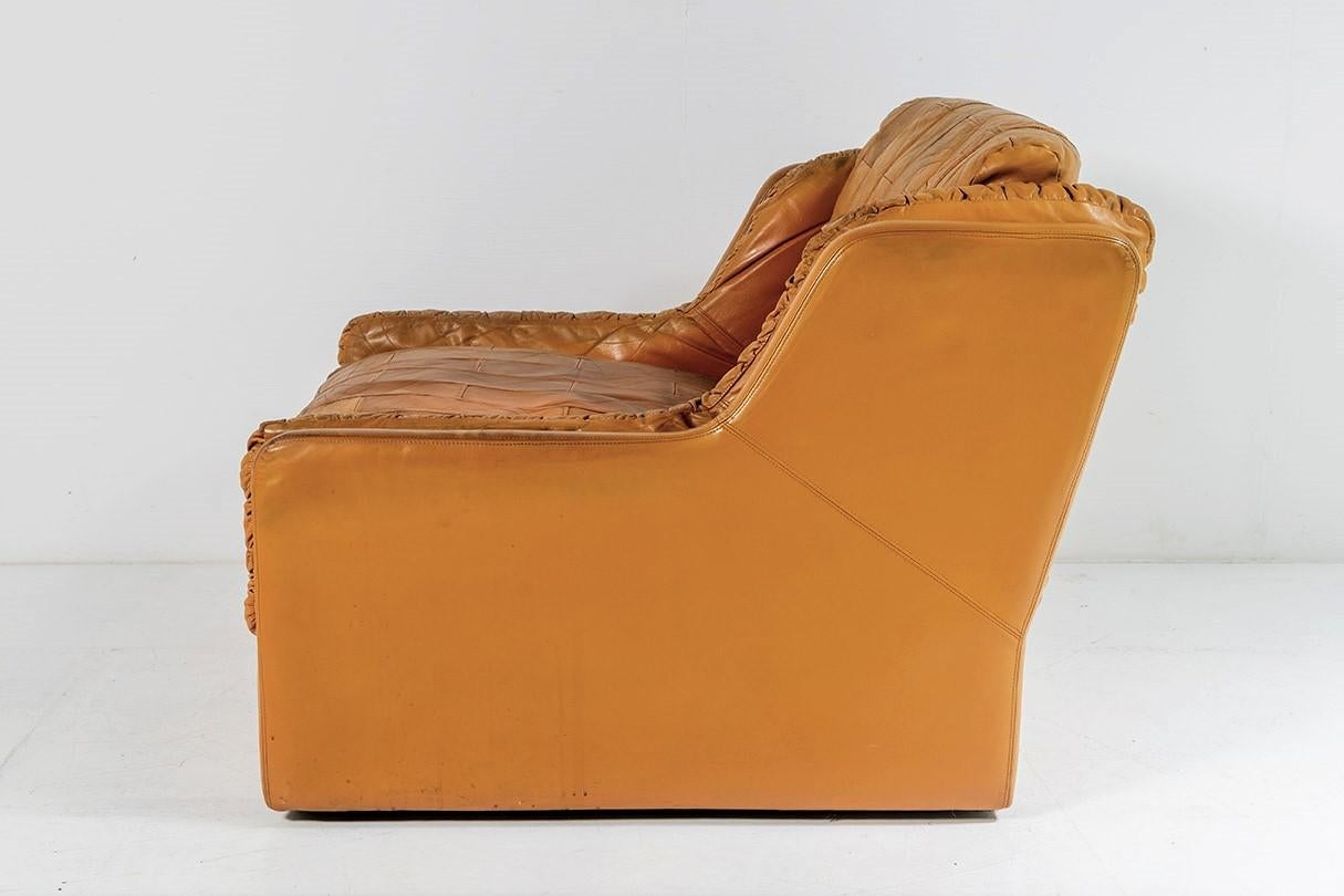 Mid Century 1970s Patchwork Tan Leather Armchair & Footstool by Gimson & Slater In Good Condition In Llanbrynmair, GB