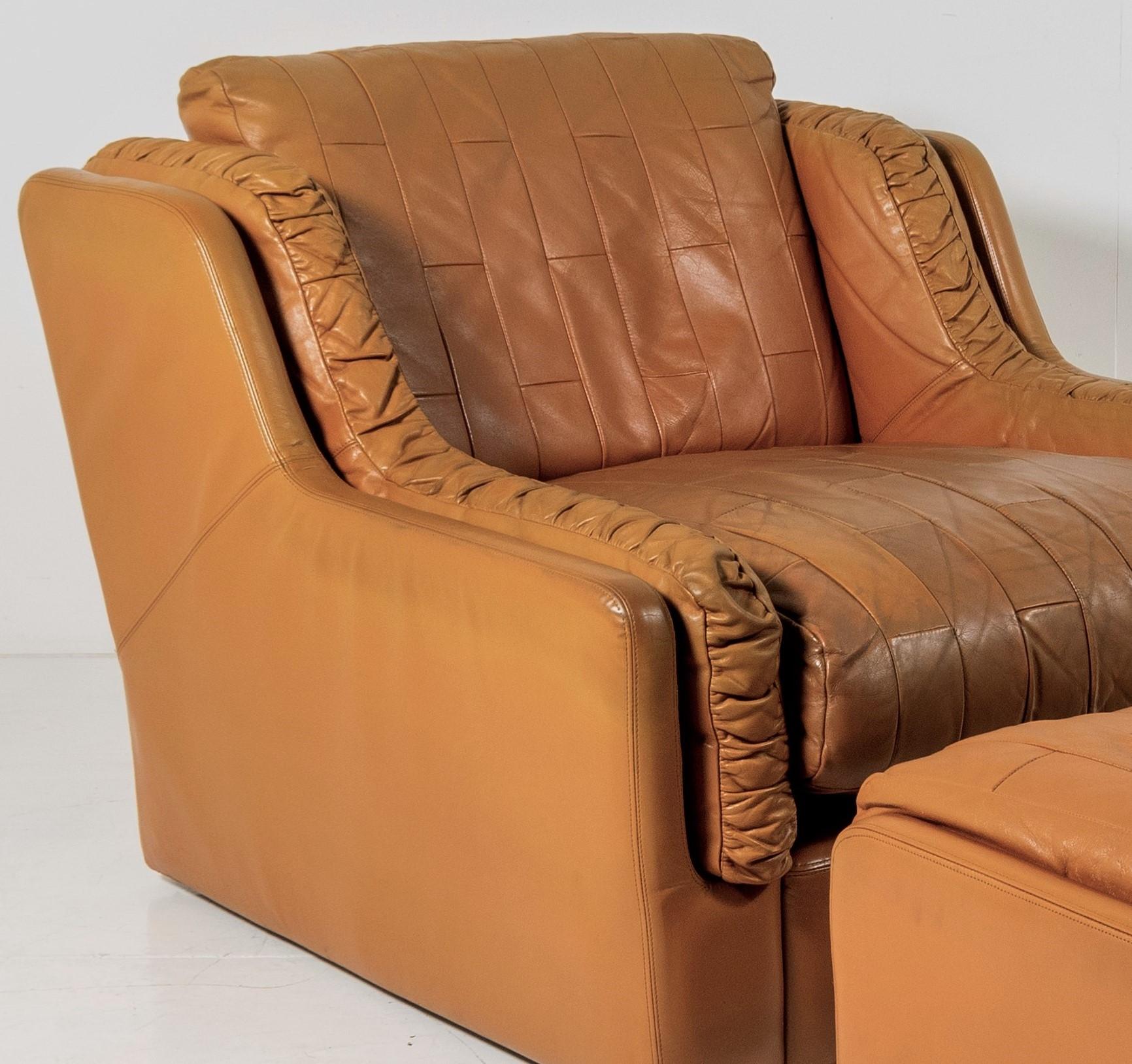 20th Century Mid Century 1970s Patchwork Tan Leather Armchair & Footstool by Gimson & Slater
