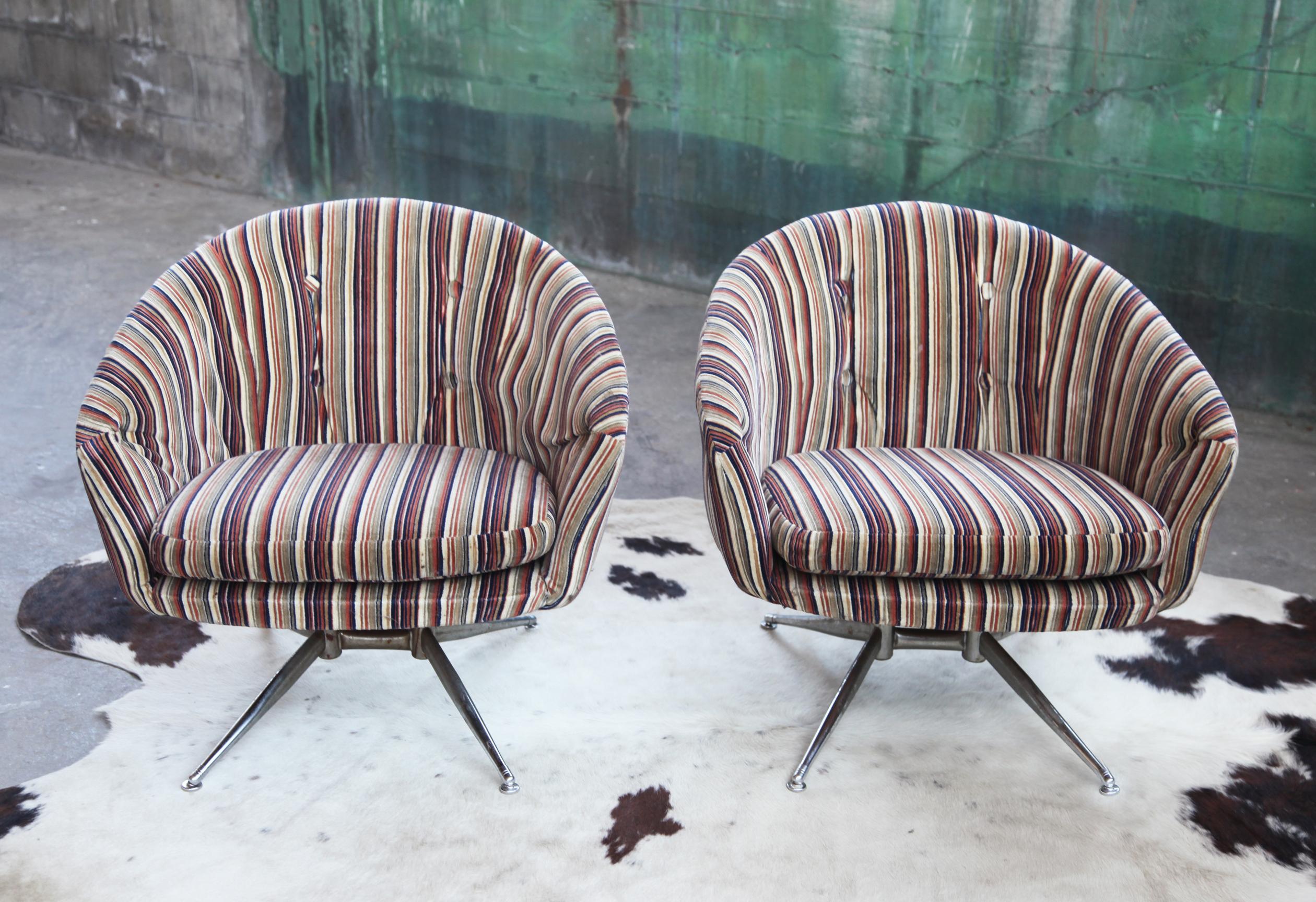 American Mid Century 1970s Pin Striped Leopold for Ward Bennett Swivel Chairs - - a Pair For Sale