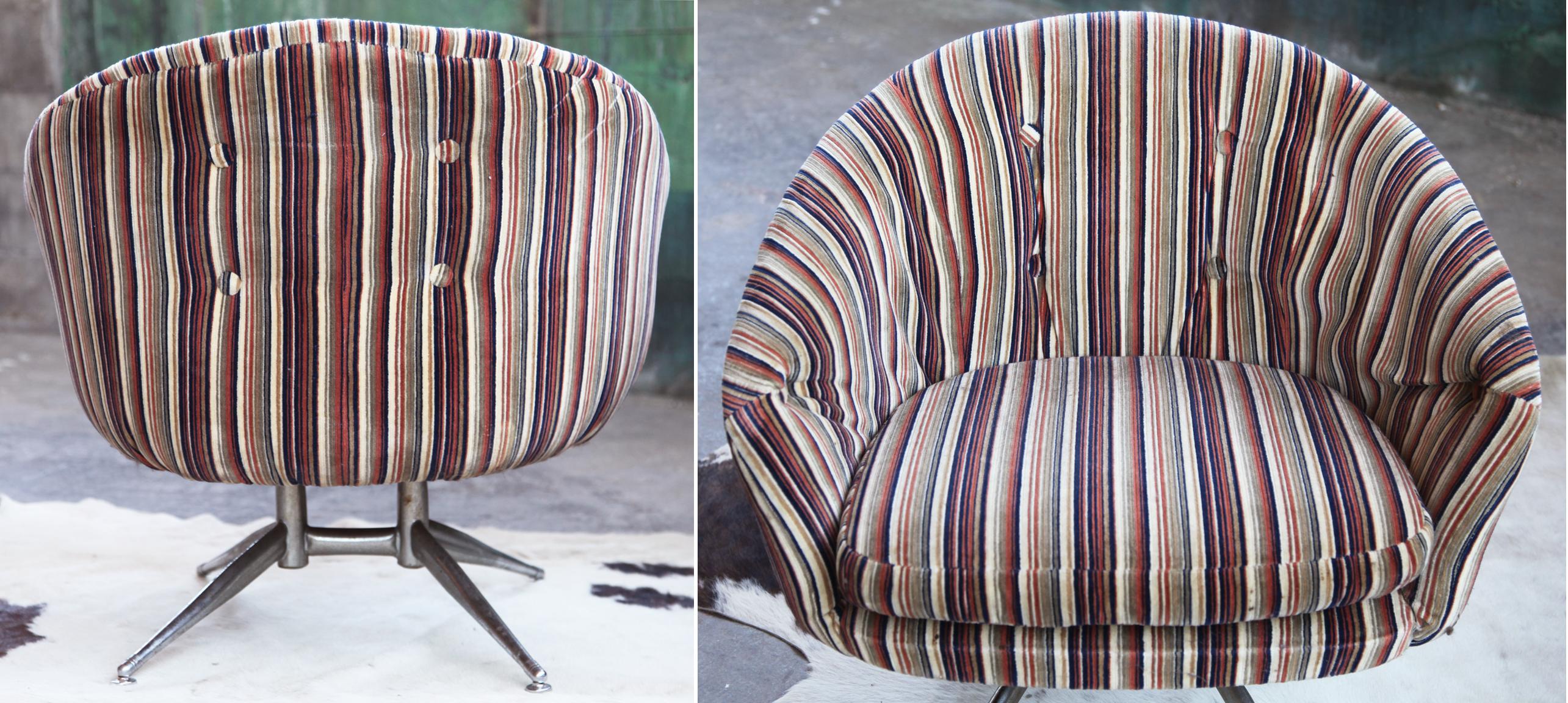 Metal Mid Century 1970s Pin Striped Leopold for Ward Bennett Swivel Chairs - - a Pair For Sale