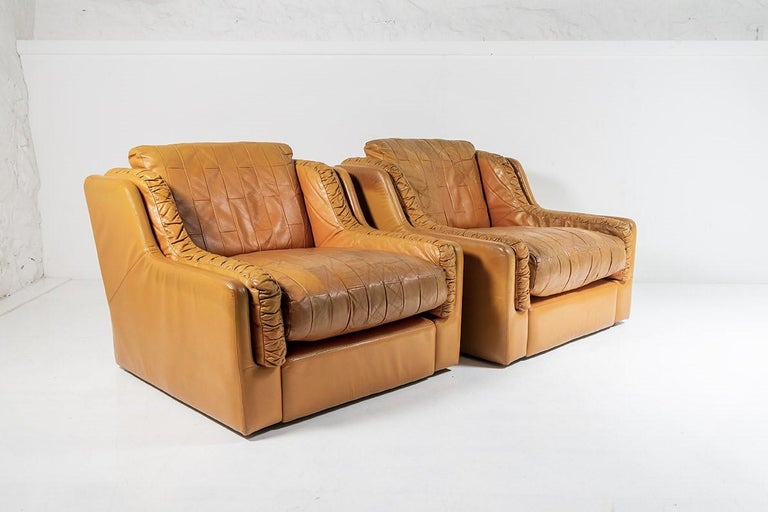 Mid Century 1970s Vintage Patchwork Tan Leather Club Armchair by Gimson & Slater For Sale 4