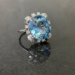 1950s-1960s 19ct Aquamarine Diamond Cocktail Cluster Ring White Gold Portugal