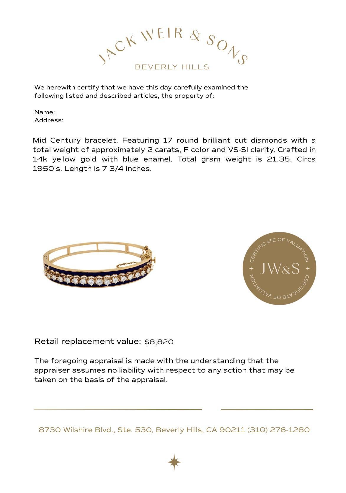 Pulsera de esmalte de oro amarillo de 14k con diamantes de 2 quilates de mediados de siglo Corte brillante en venta