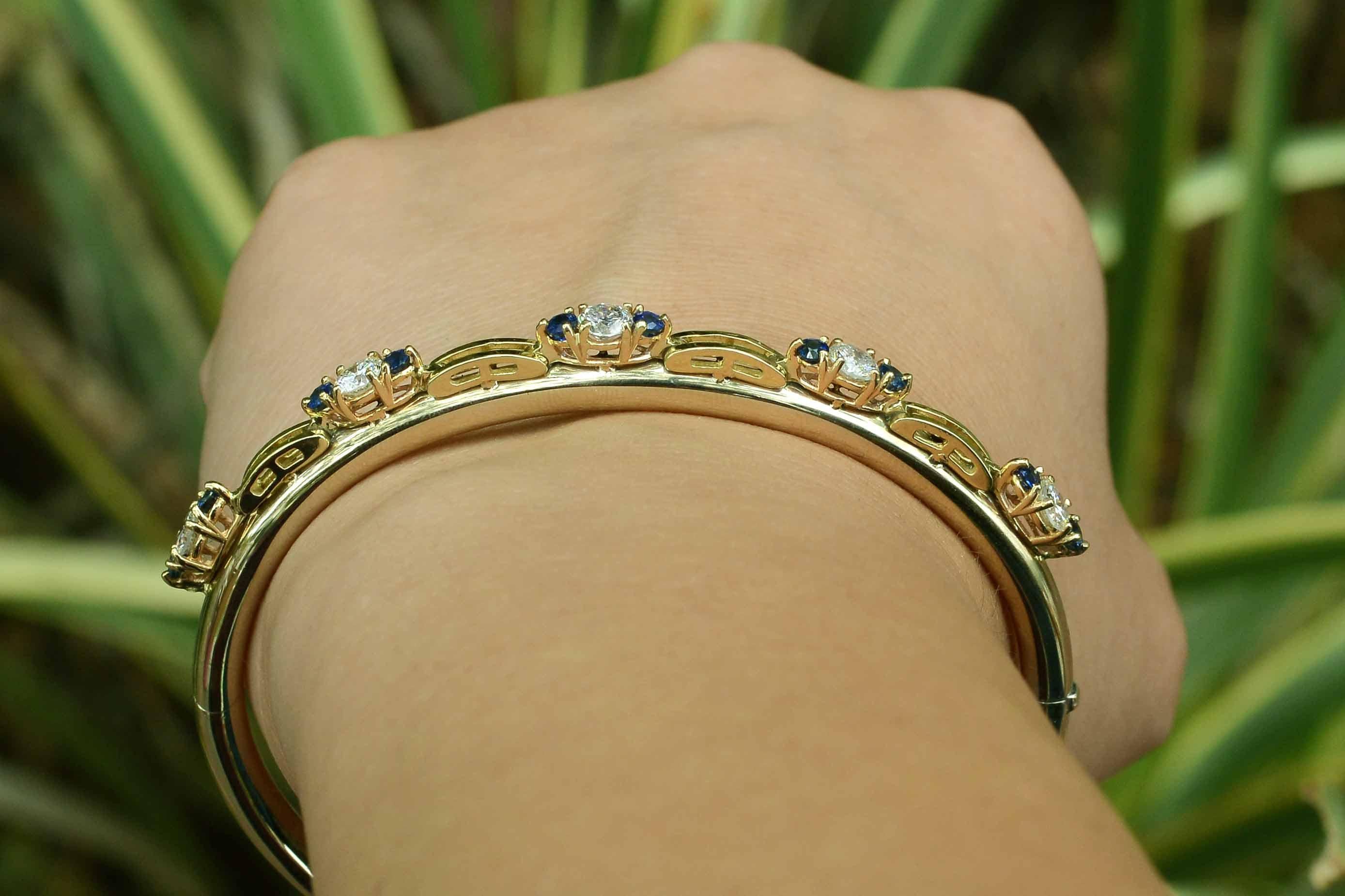 Retro Mid Century 2 Carat Sapphire and Diamond Bangle Bracelet