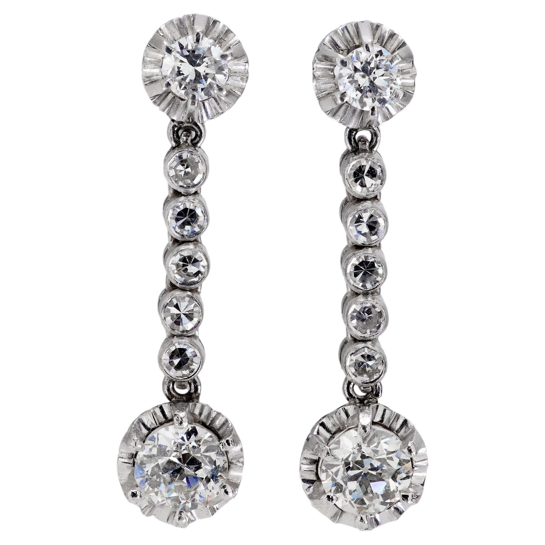 Mid Century 2 carat total weight diamond platinum earrings