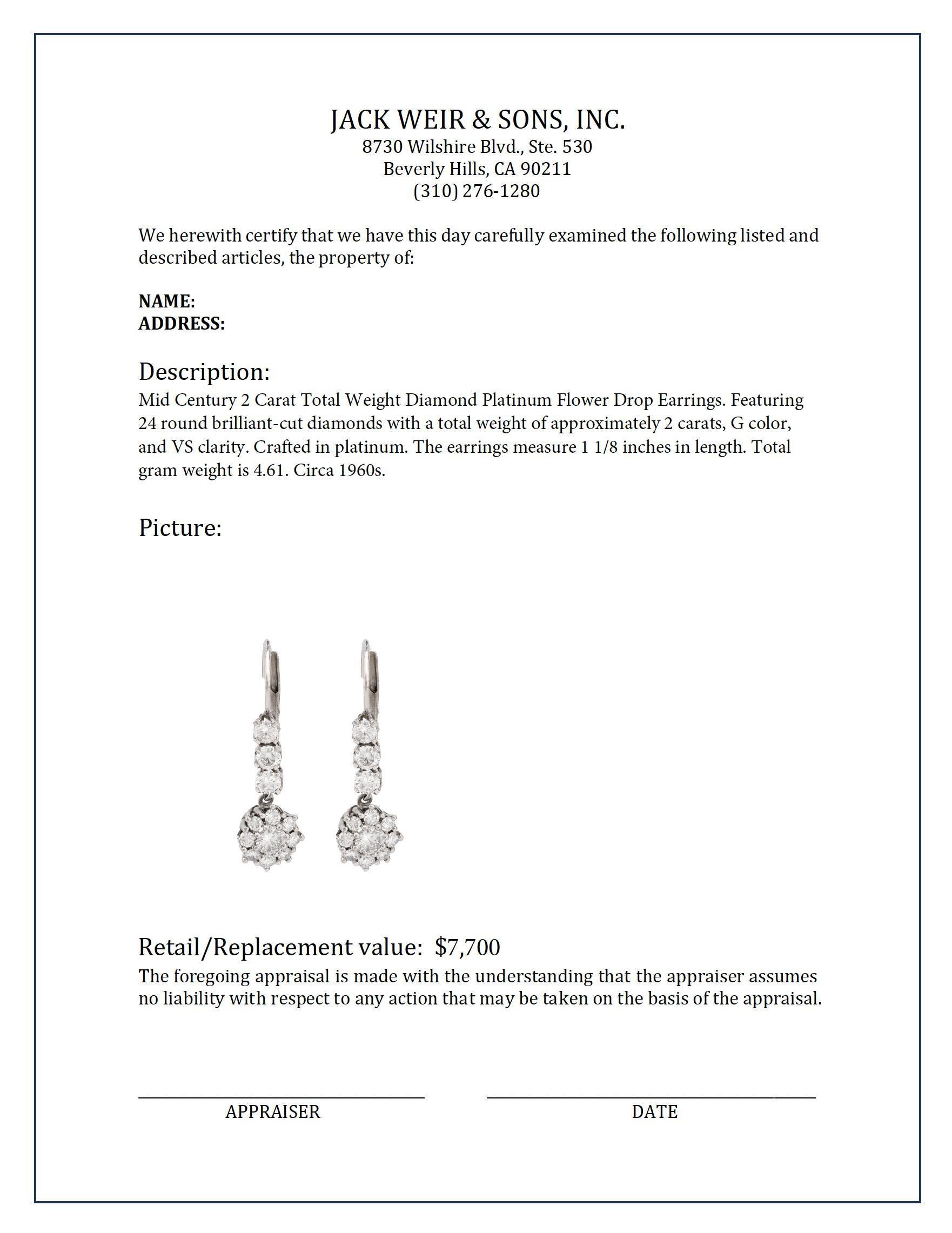 Orecchini a goccia in platino con diamante di 2 carati di peso totale, metà secolo In condizioni ottime in vendita a Beverly Hills, CA