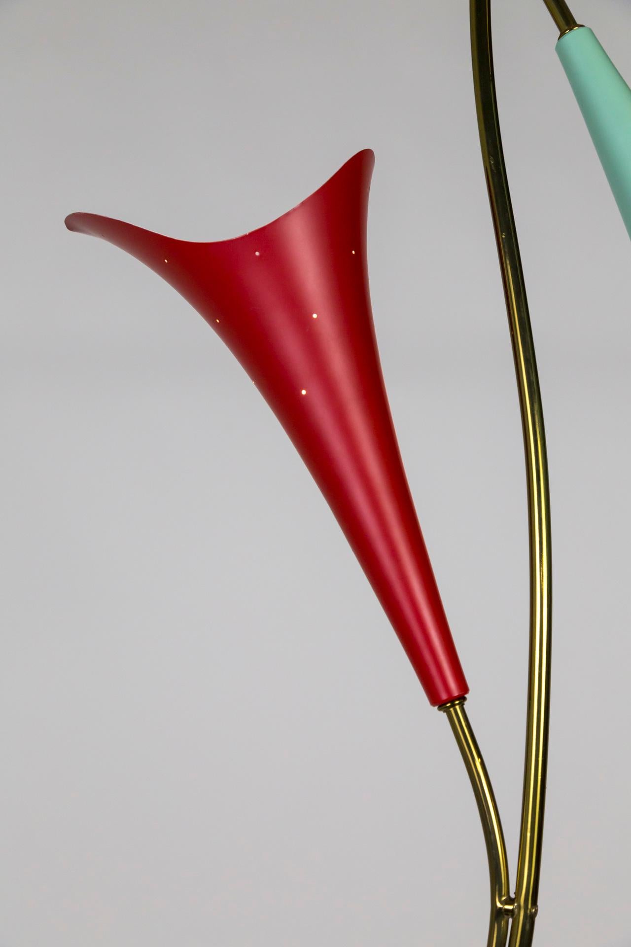 Mid Century 2-Light Pendant W/ Mint & Red Trumpet Flower Shades & Curved Stem For Sale 2