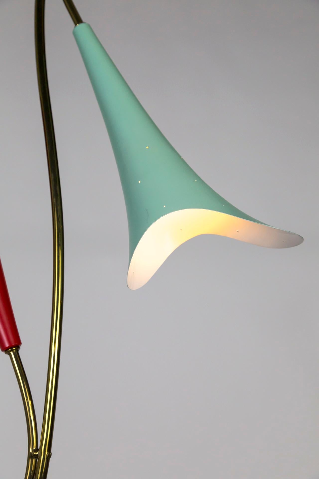 Mid Century 2-Light Pendant W/ Mint & Red Trumpet Flower Shades & Curved Stem For Sale 3