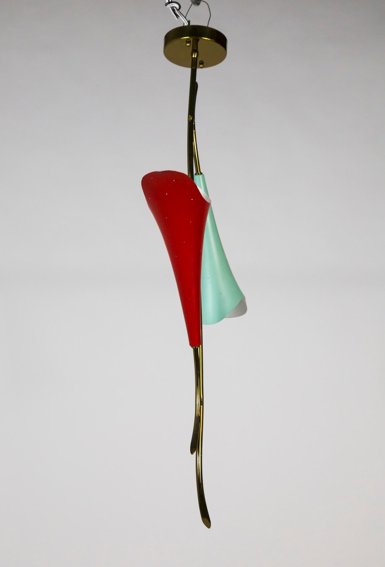 Lacquered Mid Century 2-Light Pendant W/ Mint & Red Trumpet Flower Shades & Curved Stem For Sale