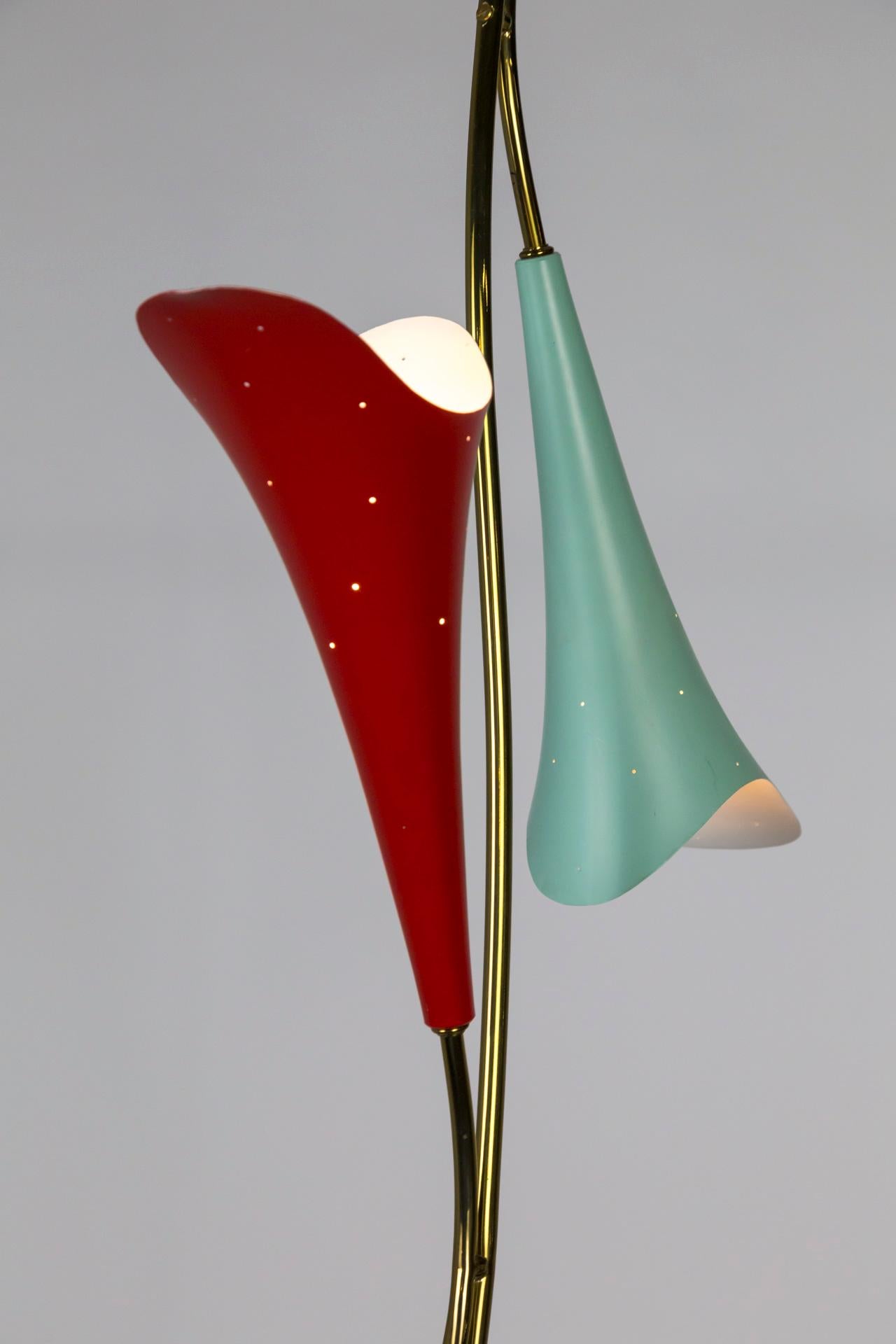 Mid Century 2-Light Pendant W/ Mint & Red Trumpet Flower Shades & Curved Stem In Good Condition For Sale In San Francisco, CA