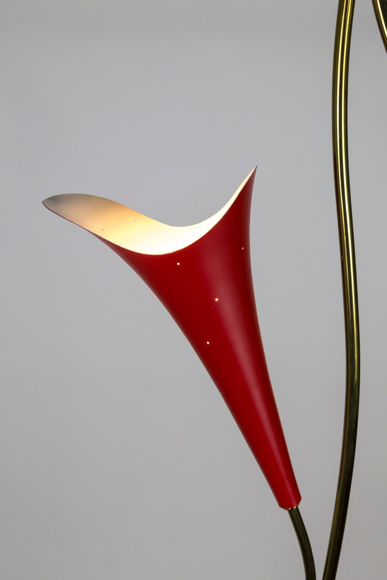 20th Century Mid Century 2-Light Pendant W/ Mint & Red Trumpet Flower Shades & Curved Stem For Sale