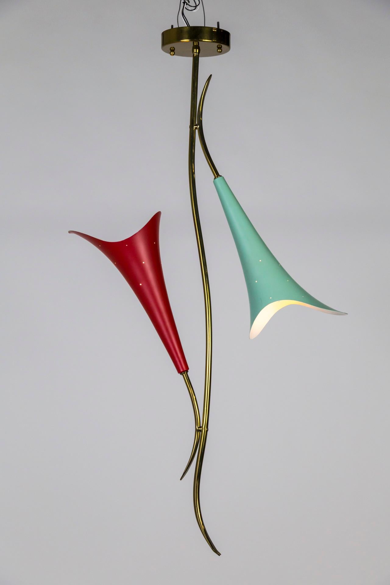 Mid Century 2-Light Pendant W/ Mint & Red Trumpet Flower Shades & Curved Stem For Sale 1