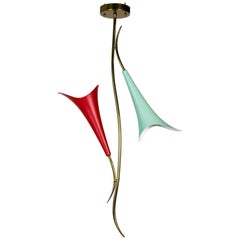 Used Mid Century 2-Light Pendant W/ Mint & Red Trumpet Flower Shades & Curved Stem