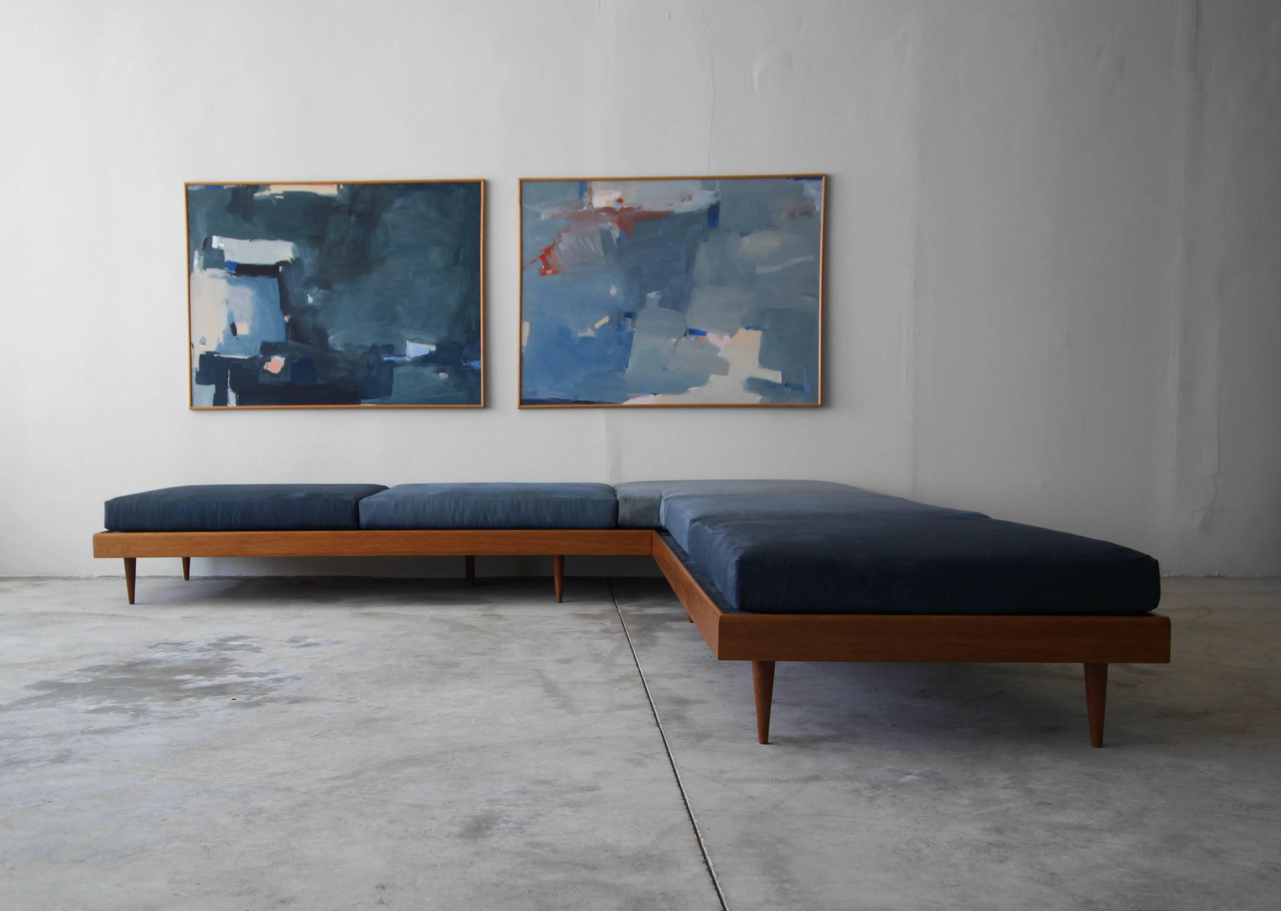 This lovely blue set, will have you feeling anything but blue. The L-shaped bench sofa  is absolutely stunning. They would look perfect in most any setting. The sofa benches are constructed out two teak frames that securely attach to each other at
