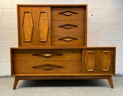 Mid-Century Two Piece Walnut and Burl Diamond Front High-Boy Dresser