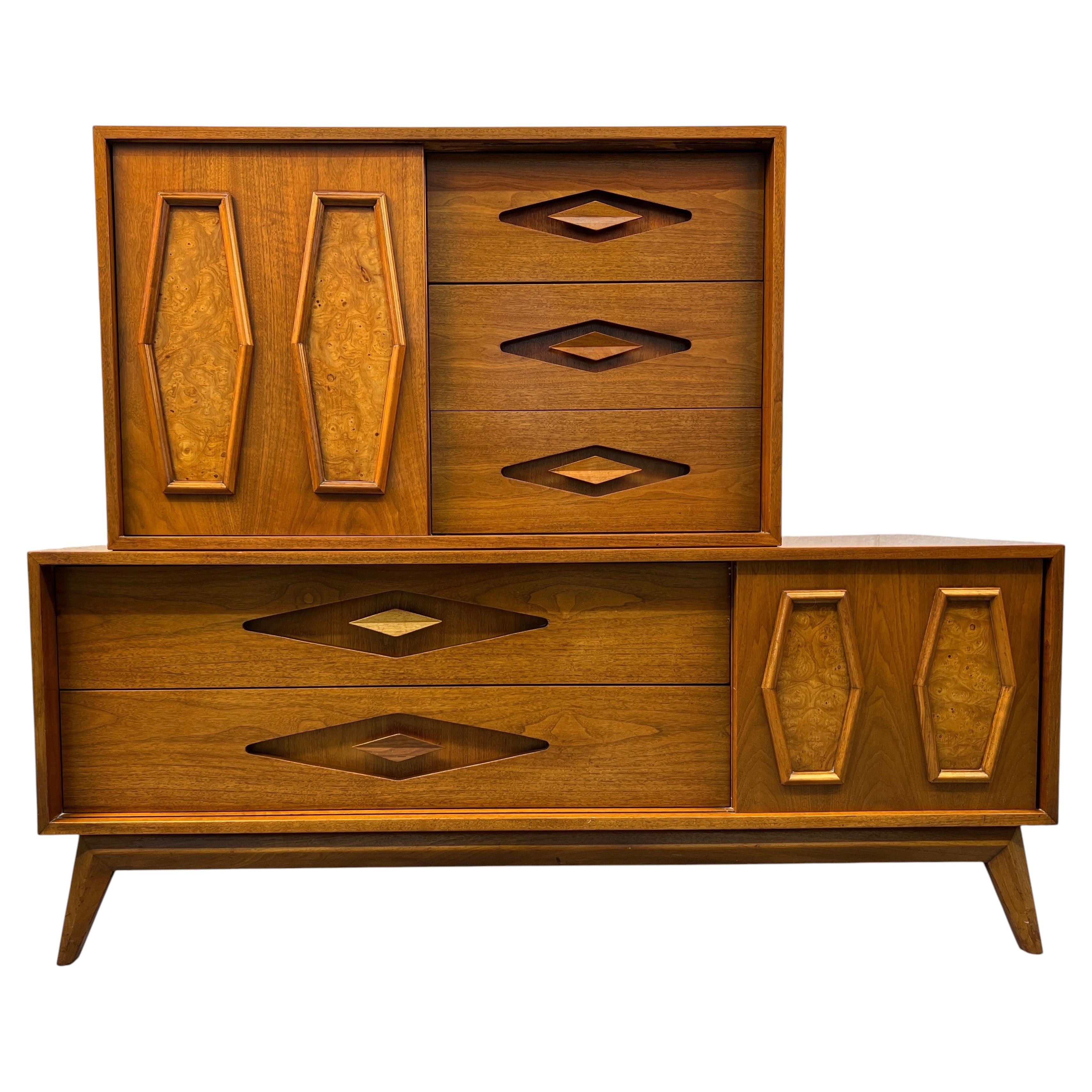 Mid-Century Two Piece Walnut and Burl Diamond Front High-Boy Dresser