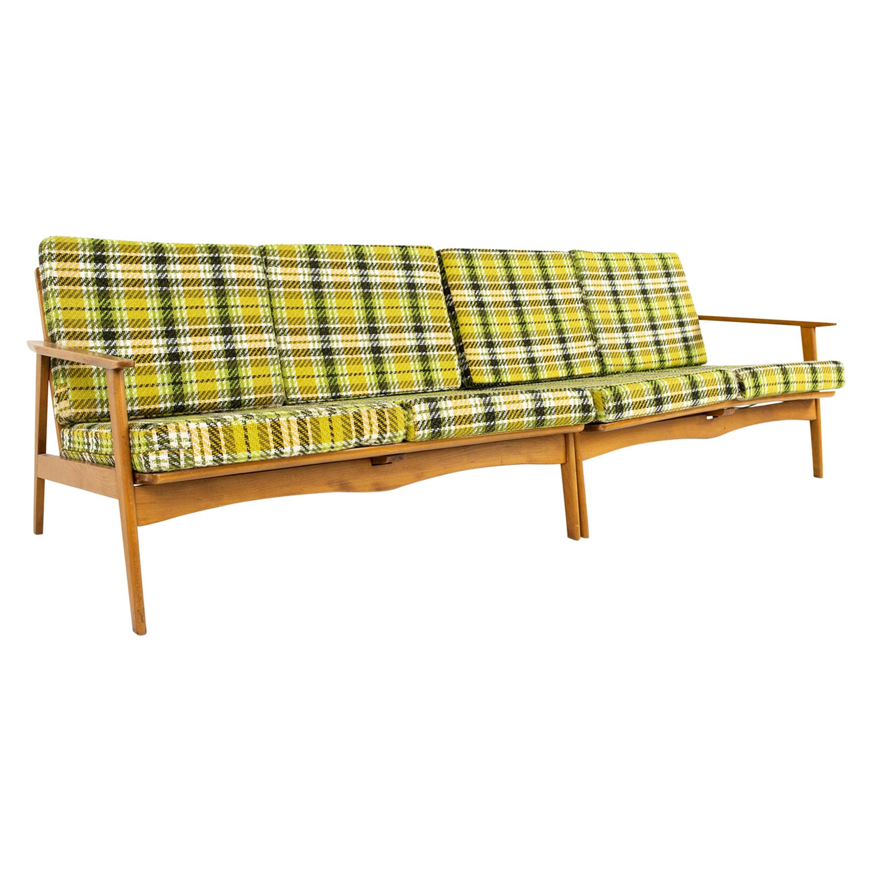 Mid Century 2 Piece Wood Framed Sectional Sofa with Green Plaid Cushions